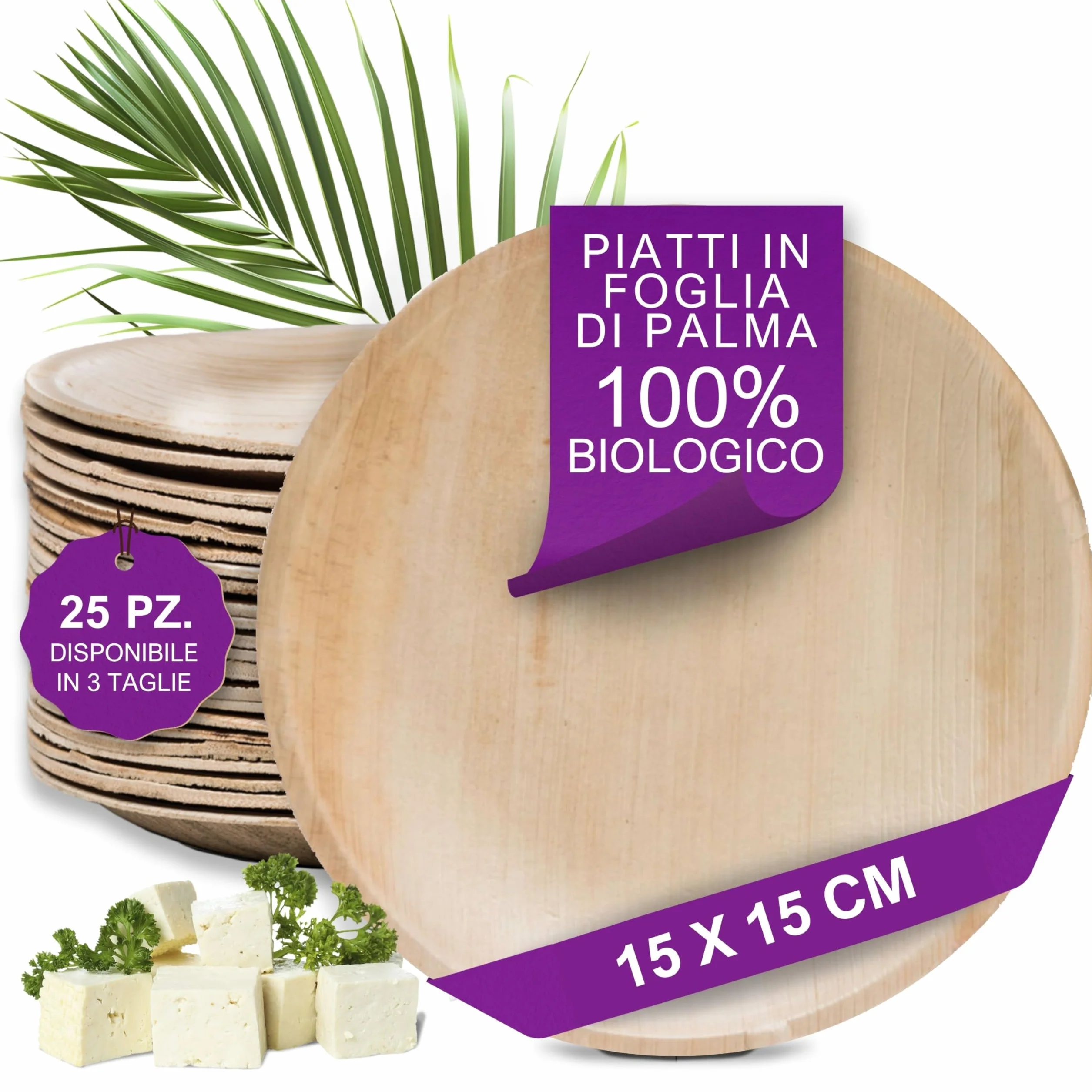 Piatti in Foglia di Palma Ecologici 25 Pz 15x15 cm Rotondi Compostabili usa e getta