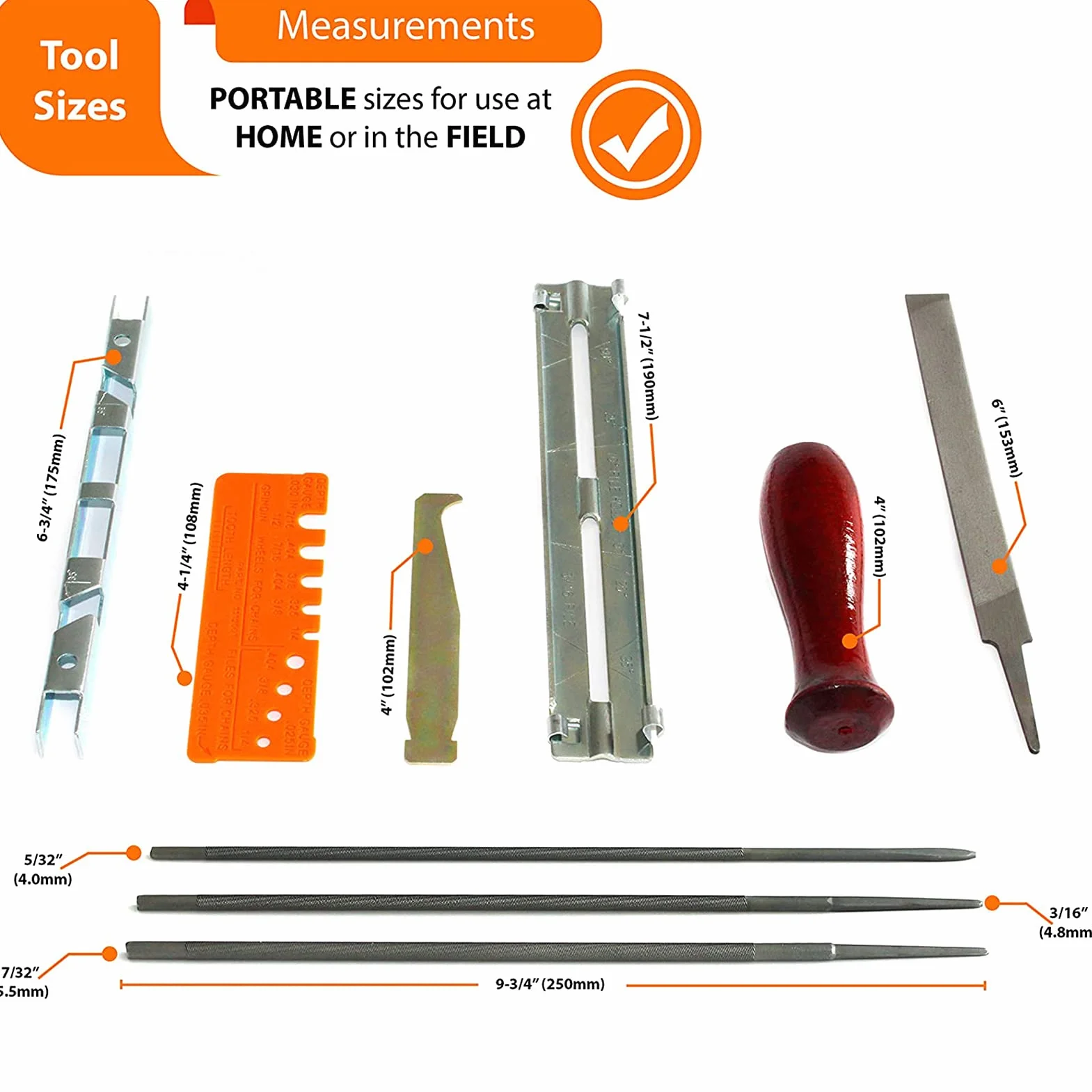 Kit di Lime per Affilare le Motoseghe, 10x Lima Universale per Catene, Strumenti Abrasivi, Con Lima Rotonda 5/32“ 3/16” 7/32” + Piatta + Impugnatura + Calibro di Controllo, per Tutte Le Motoseghe