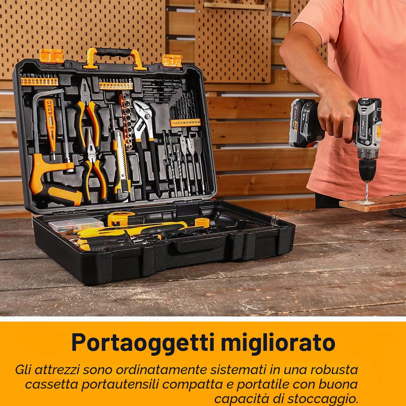 DEKO Cassetta Attrezzi Completa Trapano Avvitatore 20V 186 Pezzi Set Punte