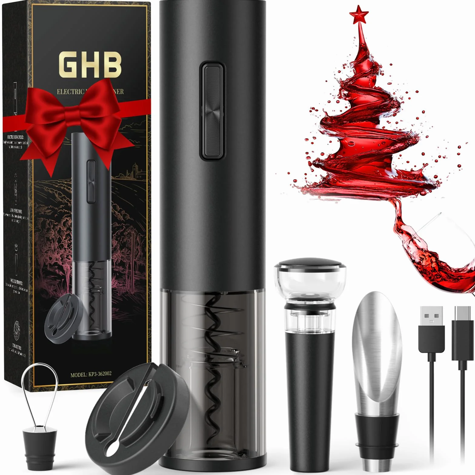 GHB Cavatappi Elettrico per Vino USB Ricaricabile, Apribottiglie Elettrico Professionale con Tagliacarte, Versatore,Tappo di Tenuta, Tappo per Vuoto Regalo per Uomo,Papà,Amanti del vino