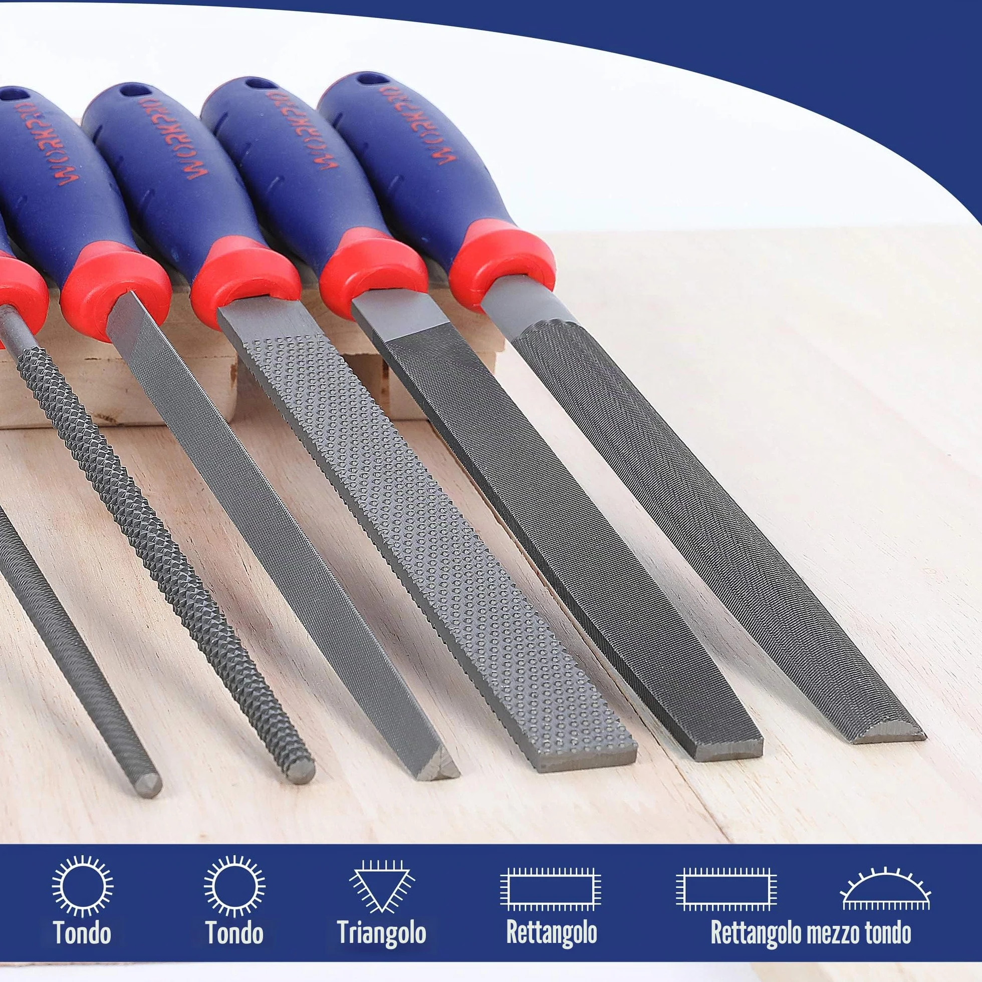 WORKPRO Lime e Raspe Set per Legno 6 Pezzi Triangolare, Piatta, Tonda, Semitonda 200mm
