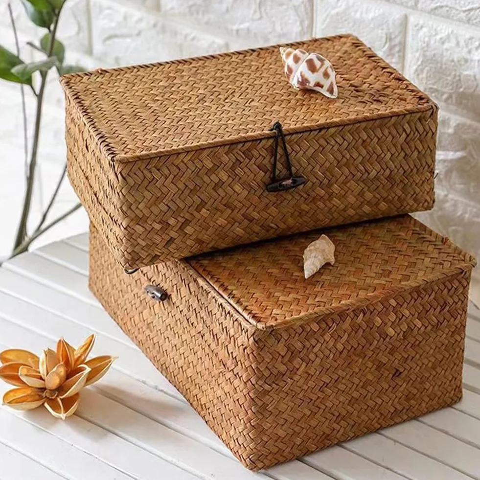 Cesto in rattan con coperchio, 3 pezzi Cesto portaoggetti in giunco marino naturale, Cesto portaoggetti multifunzionale, Cesto per scaffale intrecciato (B)