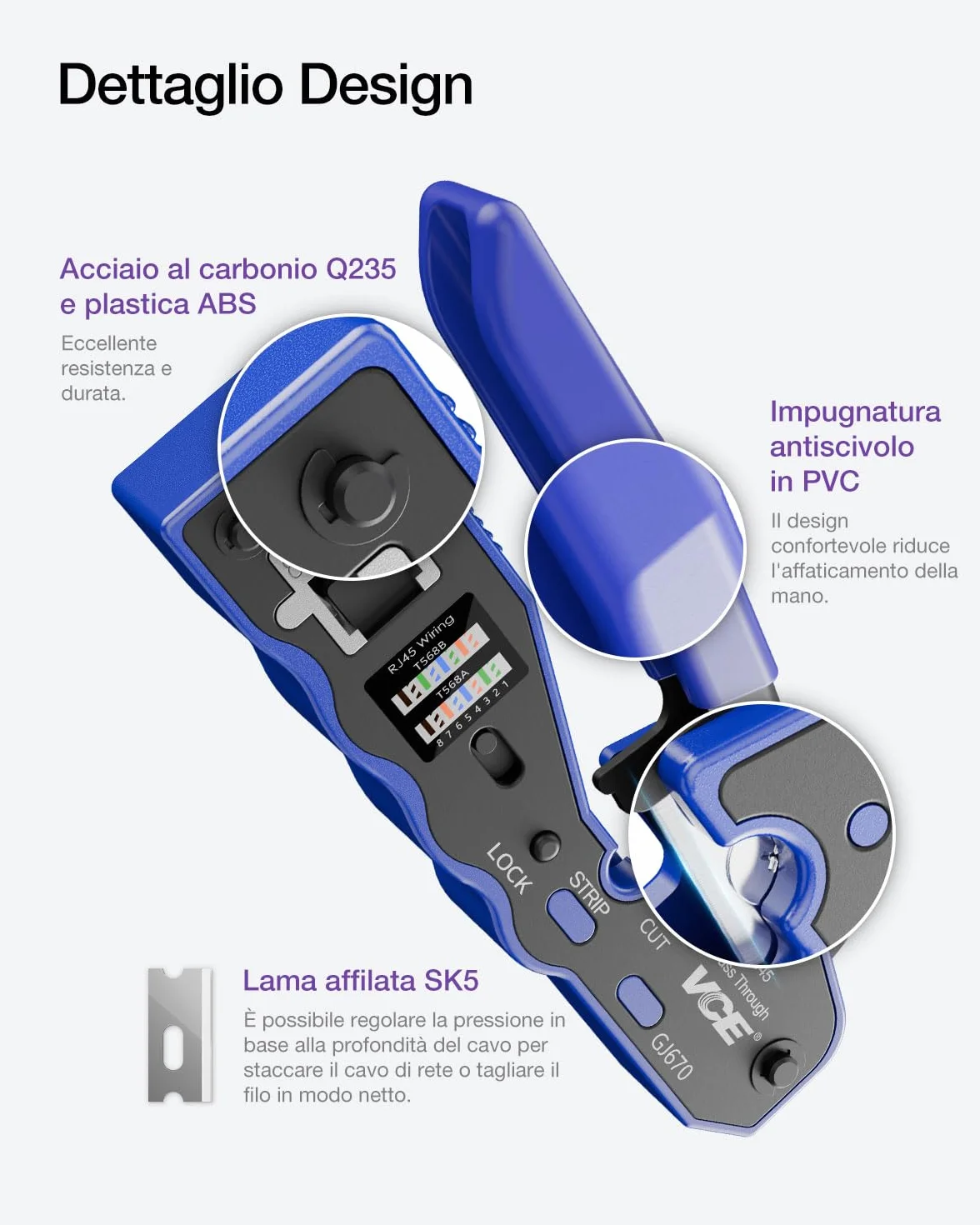 VCE Pinza Crimpatrice RJ45 Passante, Multifunzione 3-in-1 (Taglio, Spelatura, Crimpatura), Compatta, per Connettori Ethernet 8P, Blu