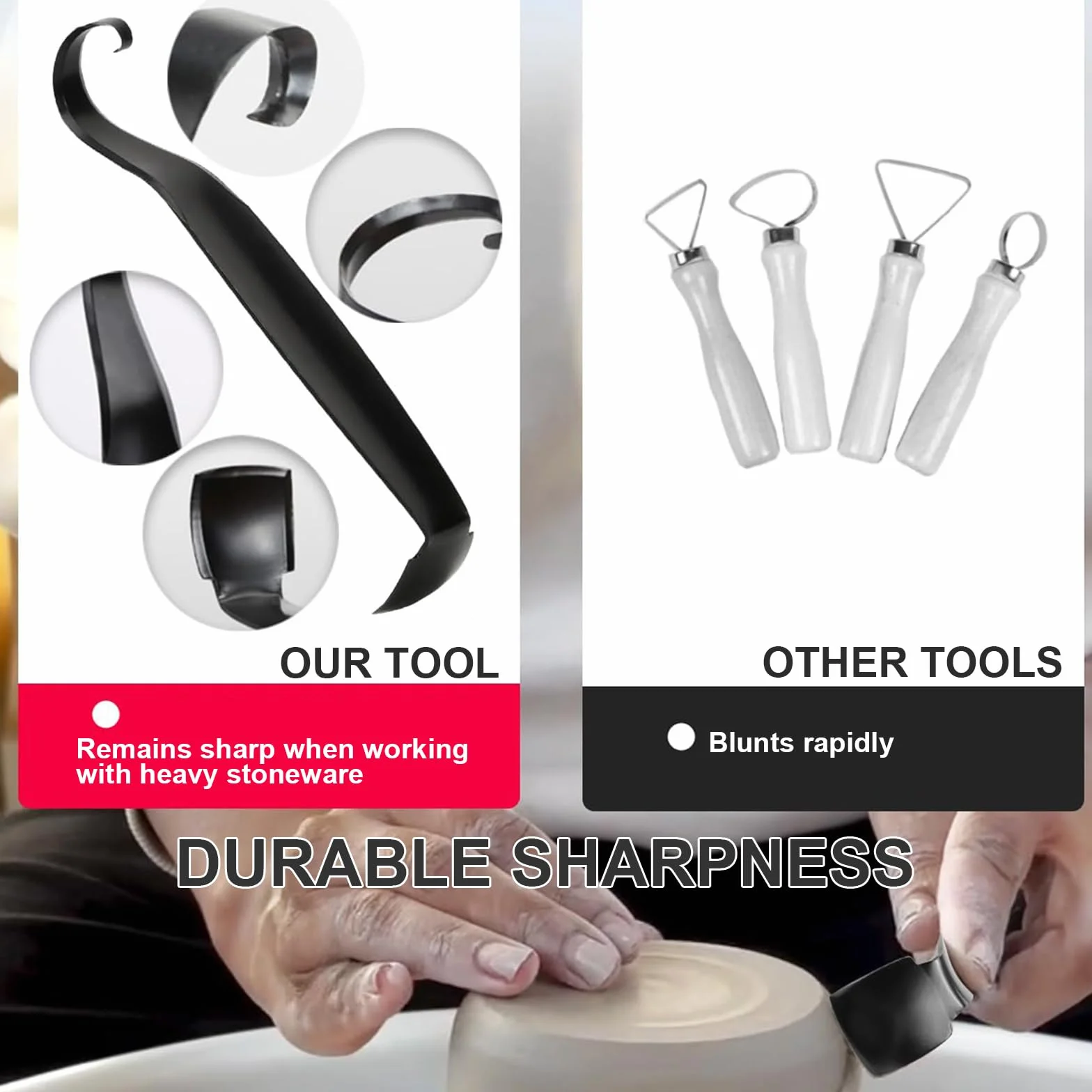 Utensile Doppio per Ceramica per la Rifinitura al Tornio, Testa Tagliente a Pala a 3 Lame e Teste Larghe/Strette per Levigatura in Acciaio al Carbonio, Scultura in Argilla e Lavorazione Ceramica