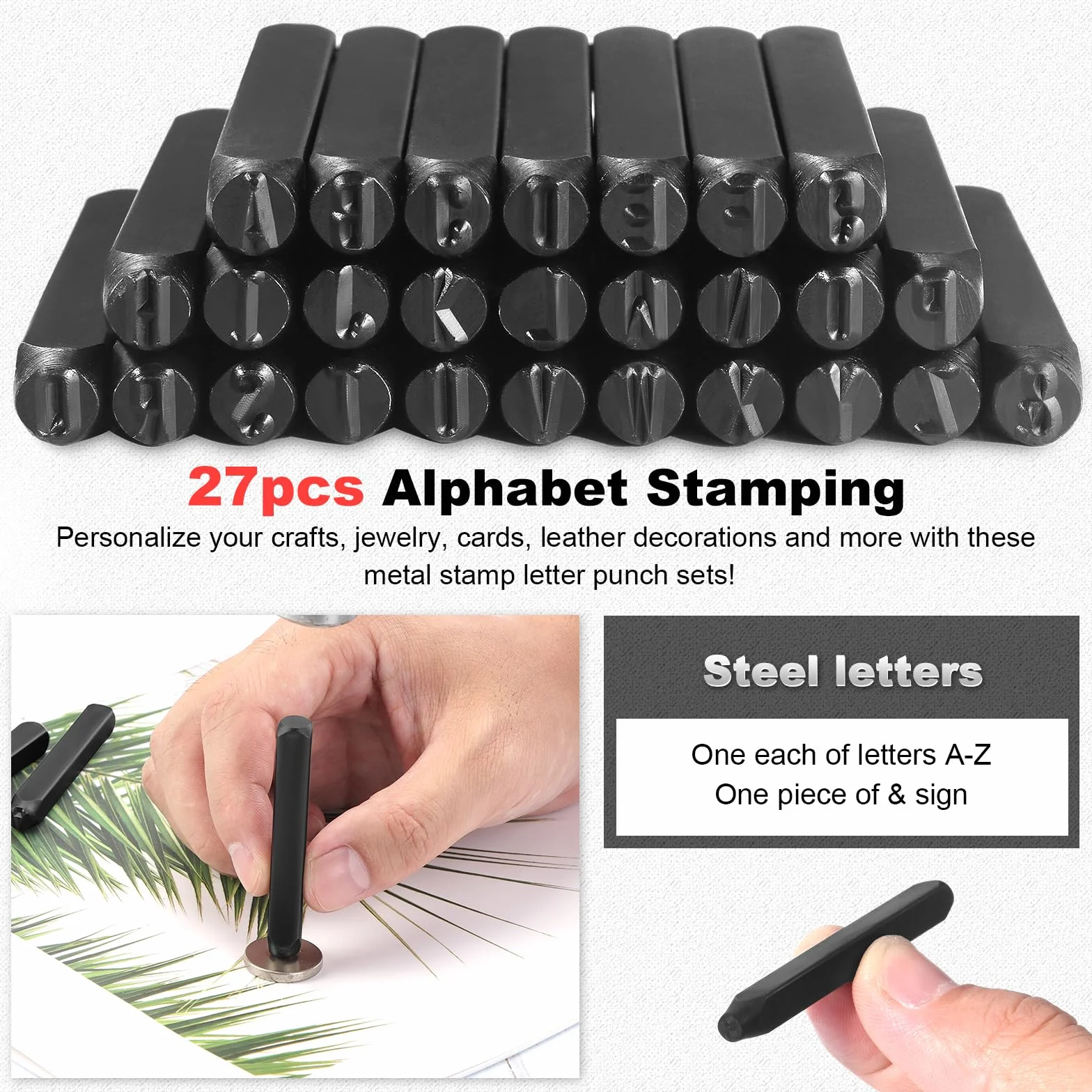 Gueenky 27 Pezzi Punzoni Lettere, 5mm Punzoni Numeri per Metallo, Lettere A-Z e &, Punzoni di Marcatura Alfabeto per Metallo Legno Pelle Plastica