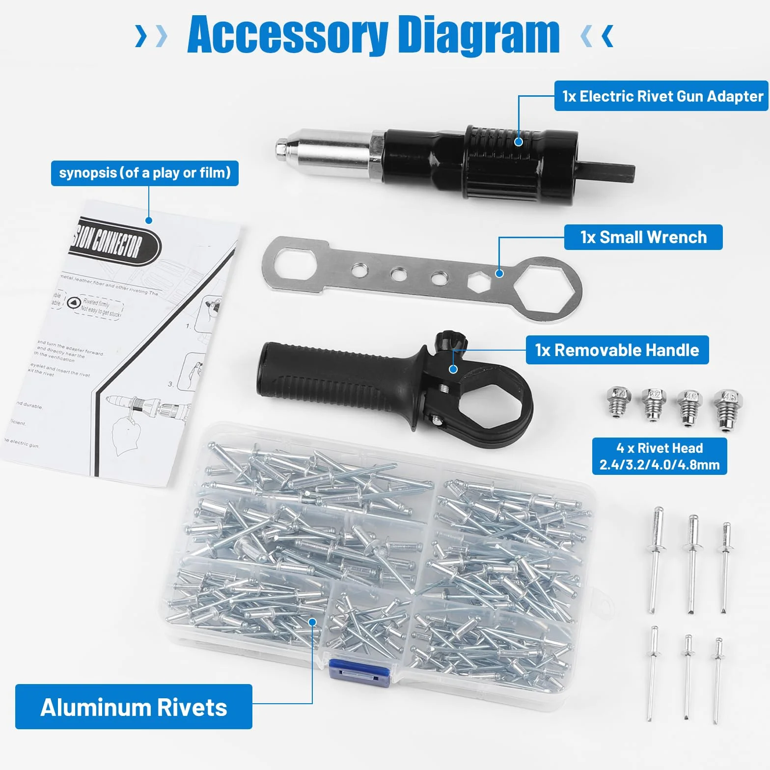 LALAGO Pinze per rivetti con 180 pezzi rivetti ciechi, adattatore elettrico per trapano avvitatore a batteria, kit 6 misure Pop rivetti