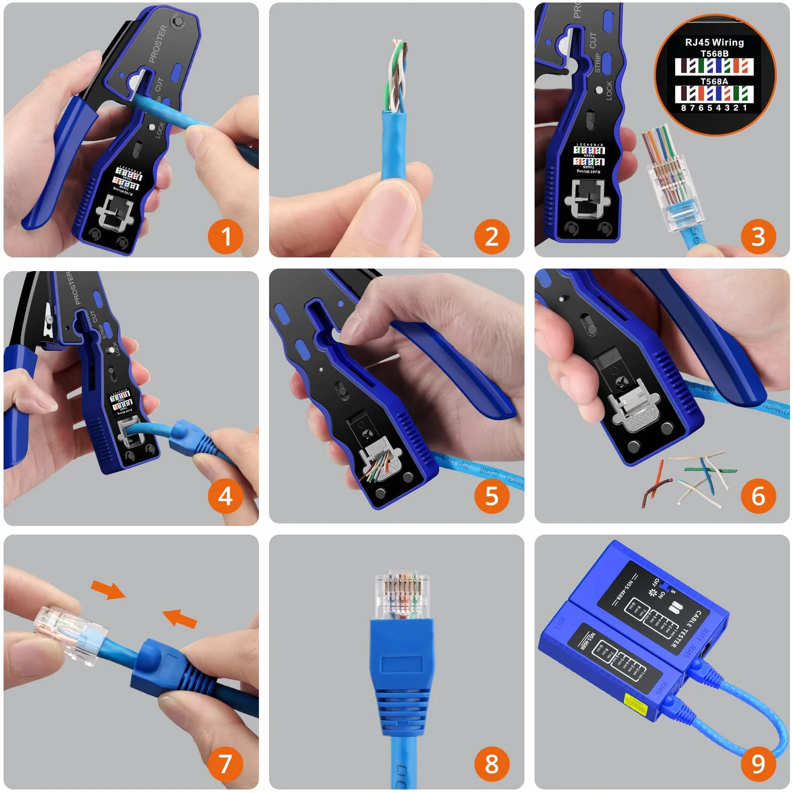 Proster Pinza Crimpatrice RJ45 Pass Through Multifunzione Spelafili per Cavo Rete Cat5 Cat5e Cat6 Cat6a Kit Strumento Crimpatura con 50pz Connettori Cat6 e Coperture di Protezione Tester Custodia