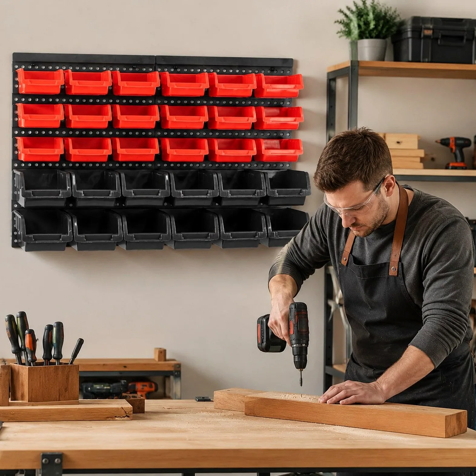 30 contenitori portaoggetti a parete, organizer per attrezzi, scaffale portaoggetti versatile e resistente per componenti, contenitori per ferramenta, Rosso Nero