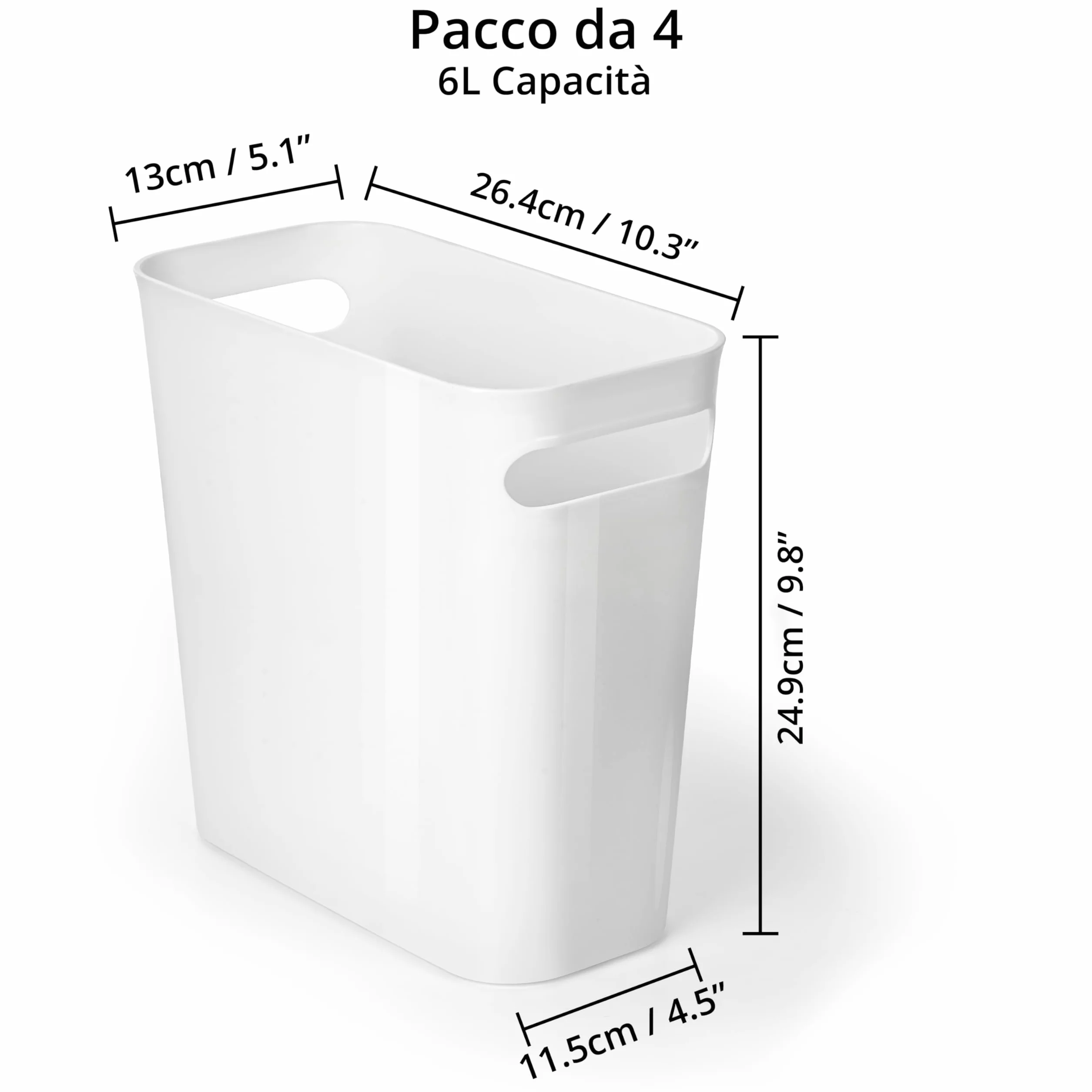 Winter Shore Bidone Pattumiera Bianco 6 l (4 Pezzi) - Cestino Piccolo Plastica con Maniglie Integrate - Cestino Bagno, Camera da Letto, Salotto, sotto Scrivania, Ufficio, Cameretta, Cucina