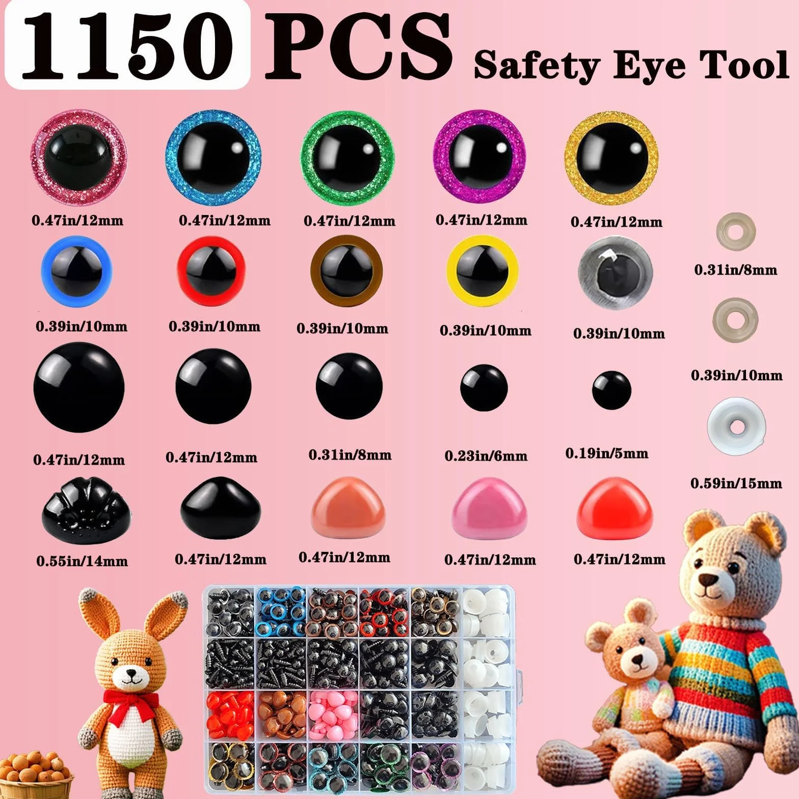 Kit Strumento Occhi di Sicurezza Rosa 1150 PCS con Pinza Ergonomica per Occhi Amigurumi 3D Glitter, 5-30 mm per Animali all’Uncinetto, Pupazzi e Peluche, Accessori Fai da Te con Rondelle e Nasi