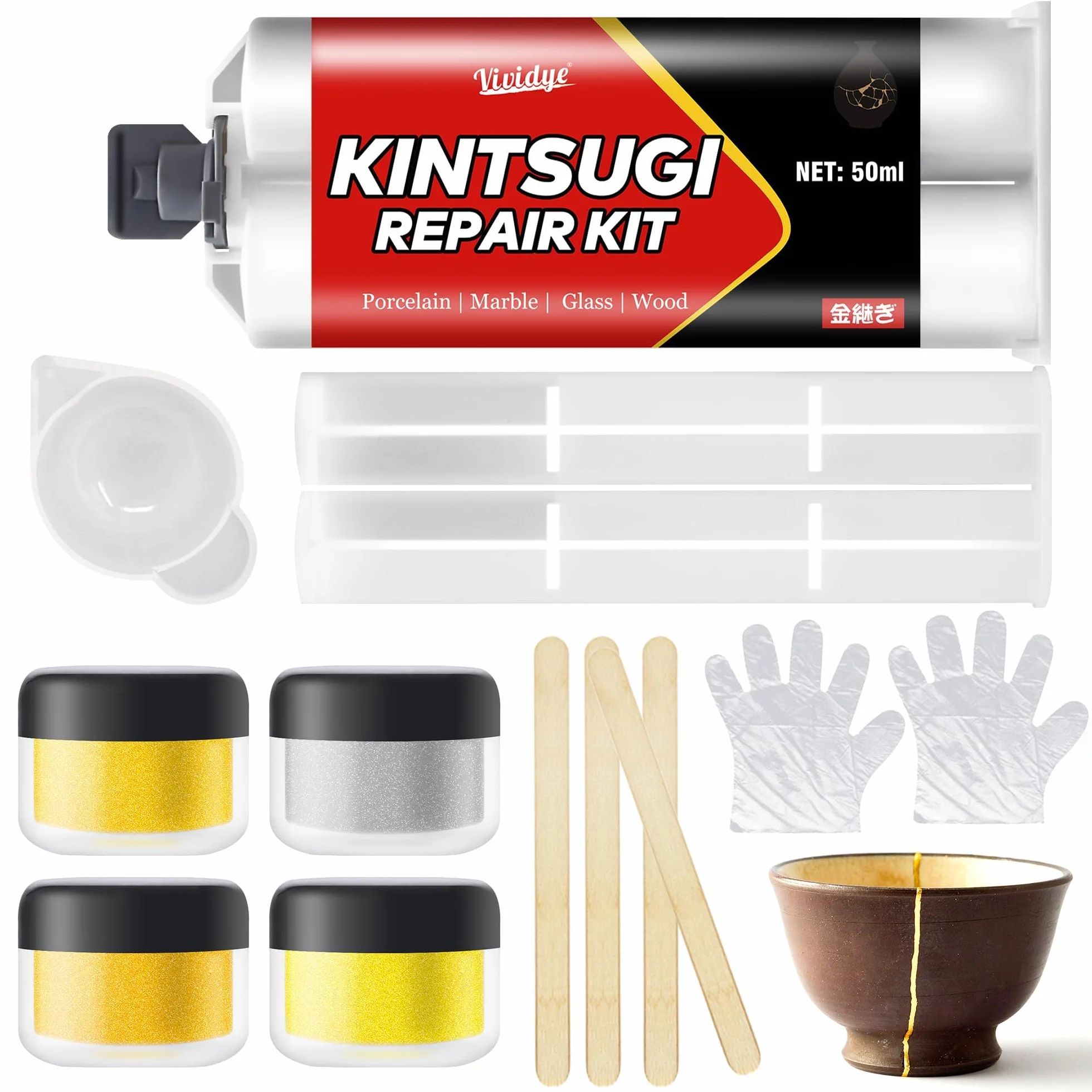 Kit di Riparazione Kintsugi 50ml - Colla Ceramica Abbinata a Polvere Dorata e Argentata per Ciotole e Vasi, Sicurezza della lavastoviglie kit kintsugi per Riparazione Perfetta di Oggetti Significativi