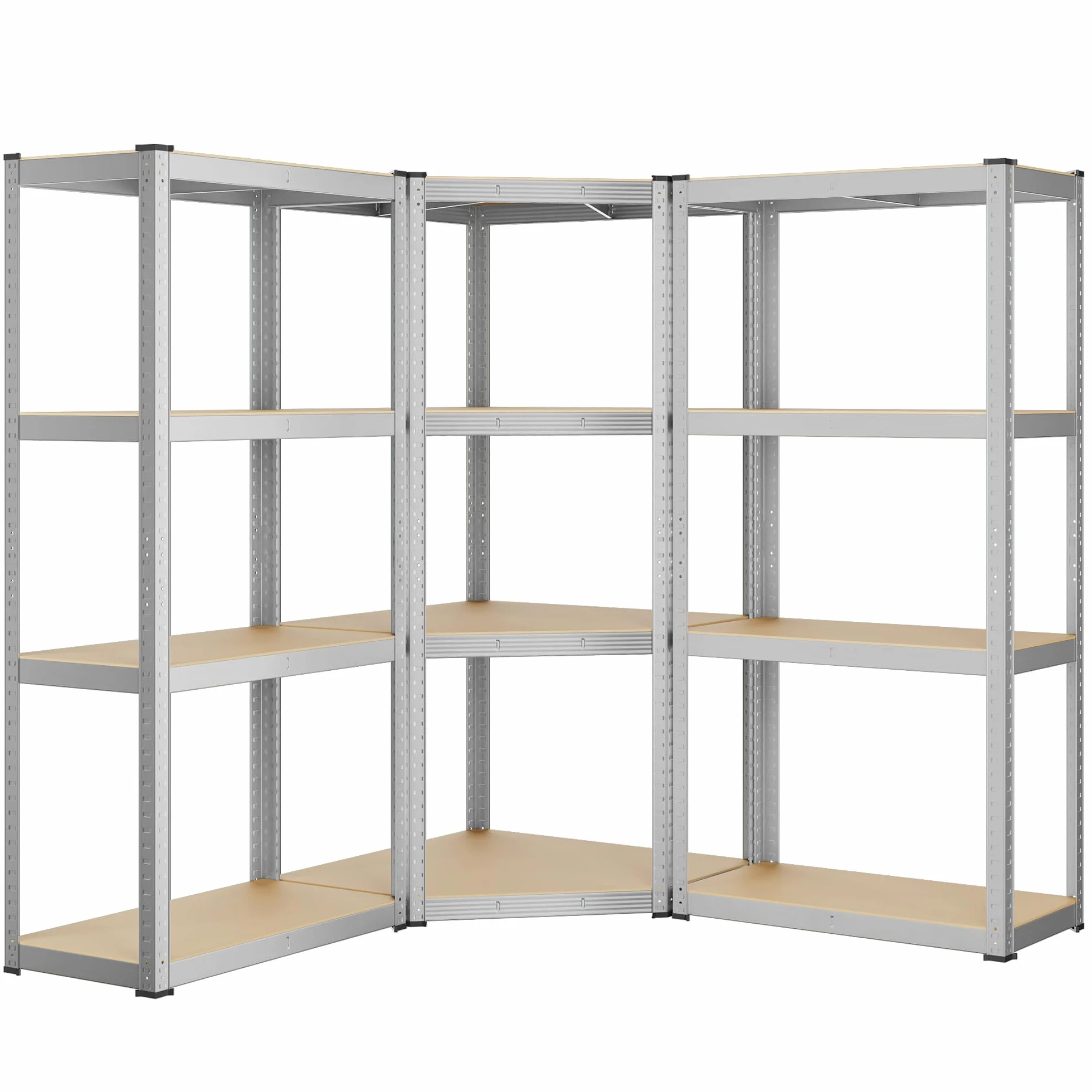 SONGMICS Set di Scaffale Angolare a 4 Ripiani, Scaffalatura ad Angolo in Acciaio per Carichi Pesanti, per Garage, Ripostiglio, Magazzino, Portante 1500 kg, Argento Pallido e Beige Naturale GLR056E03