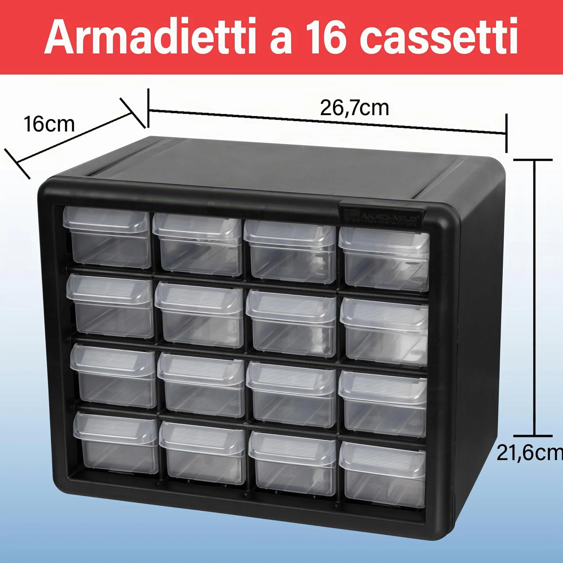 Akro-Mils 10116 16-Drawer Plastic Storage Cabinet 26,7 cm W x 16 cm D x 21,6 cm H Black