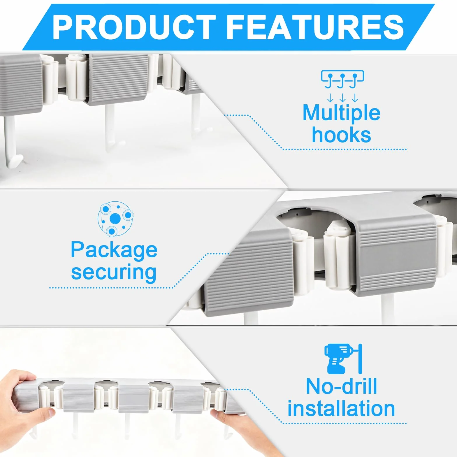 Appendi Scope a Muro,Porta Scope Parete con 4 Morsetto e 5 Ganci, Appendiscope da Muros,Portascope da muro per Attrezzi da Giardino per Cucina, Bagno, Giardino, Balcone, Casa, Garage