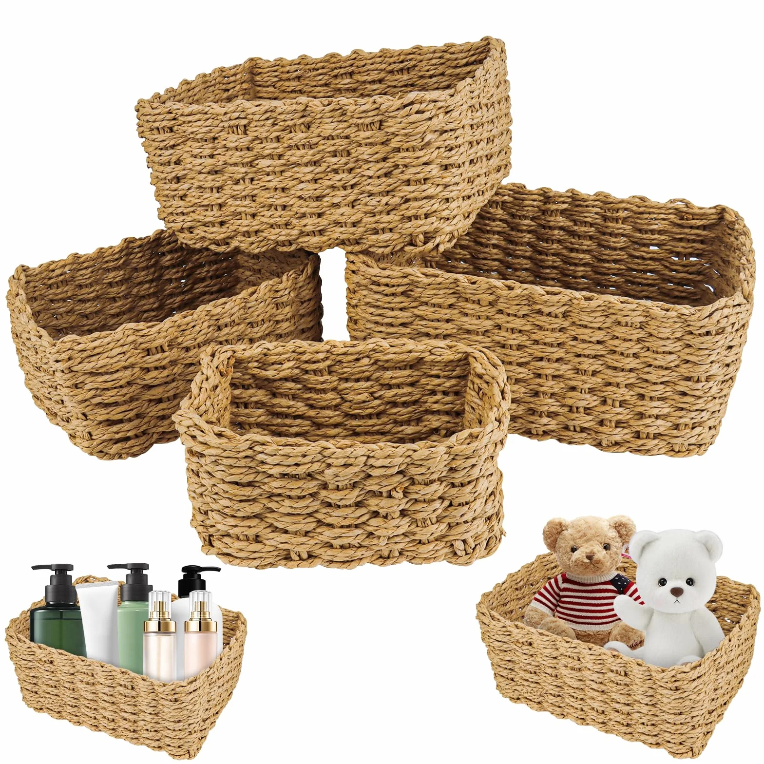 Cesta Portaoggetti in Vimini Intrecciato 4 Pezzi per Bagno Cucina Soggiorno