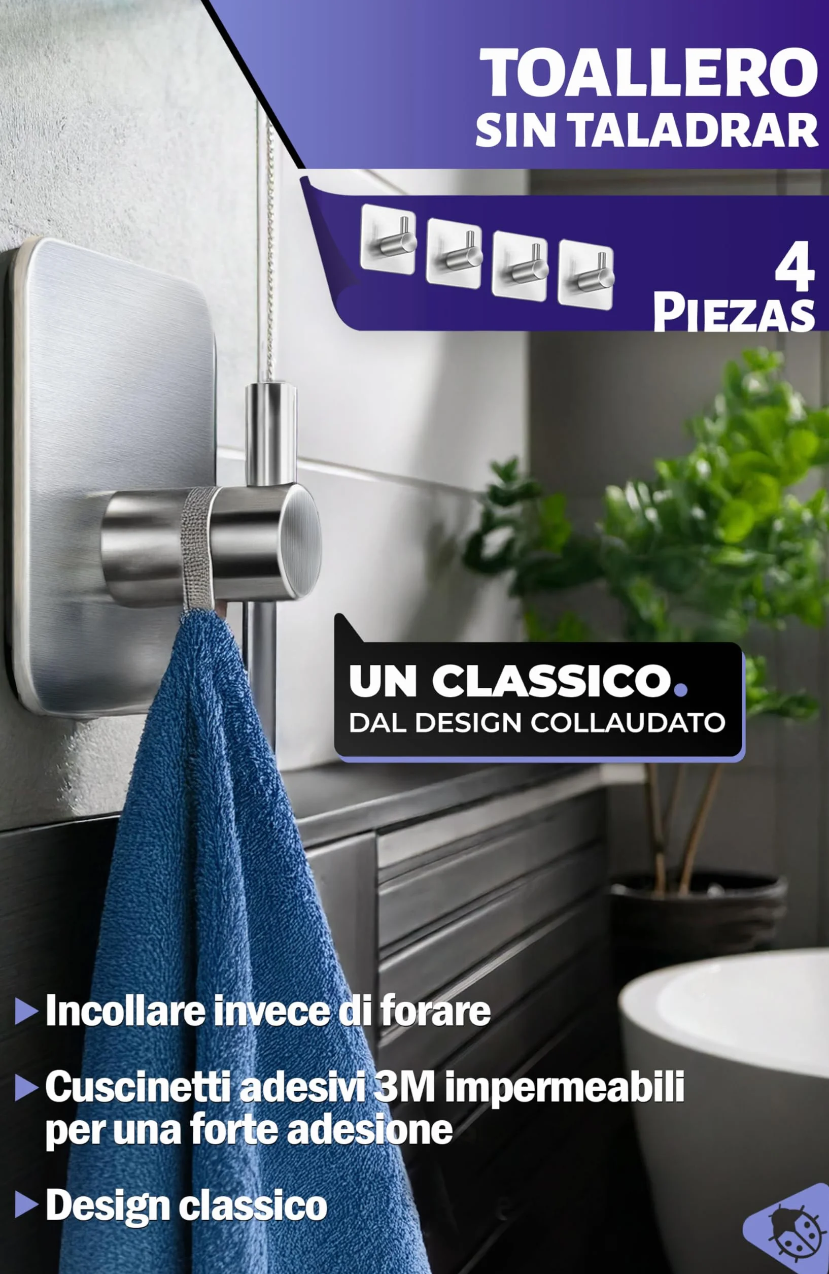 Menz Ganci Adesivi Bagno Set di 4 Acciaio Inox Impermeabili Argento