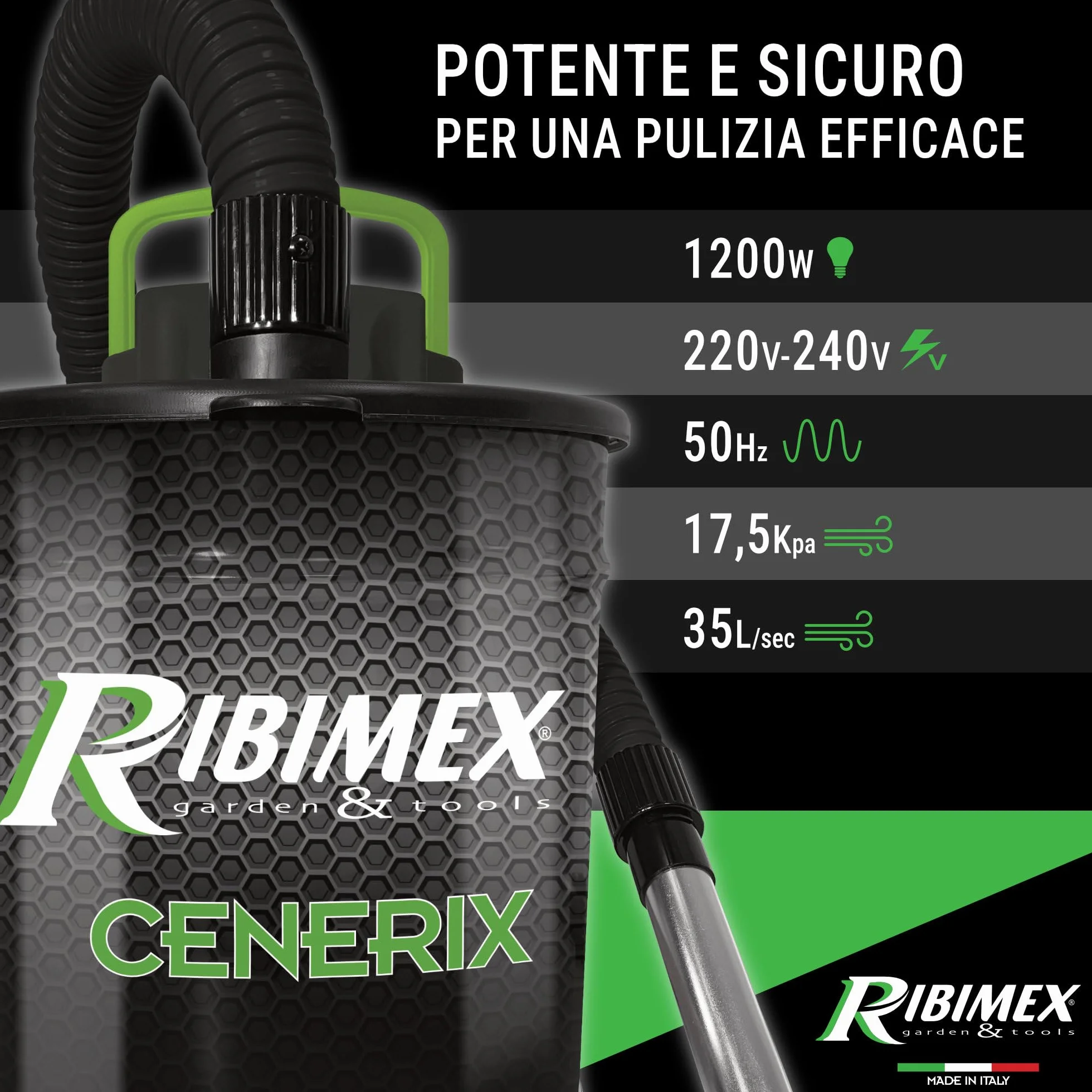 Ribimex Aspiracenere Elettrico Cenerix, con Funzione Soffiante e Filtro HEPA Lavabile, Bidone da 18 L, Potenza 1200 W, Ideale per Aspirare Ceneri Fredde da Stufe, Caminetti e Barbecue - PRCEN003/1200