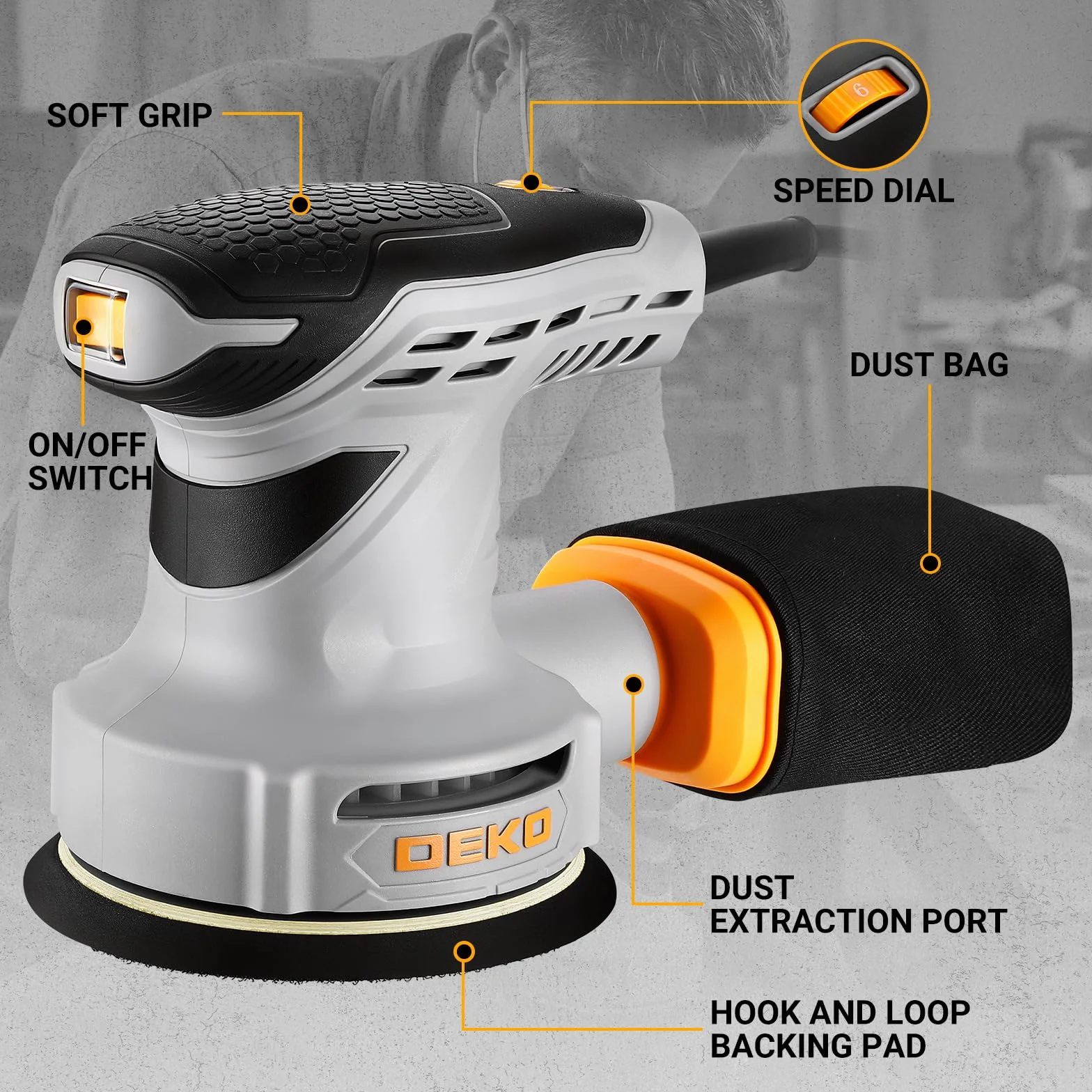 DEKOPRO Levigatrice orbitale 300 W 13000 giri/min 6 velocità 16 fogli abrasivi