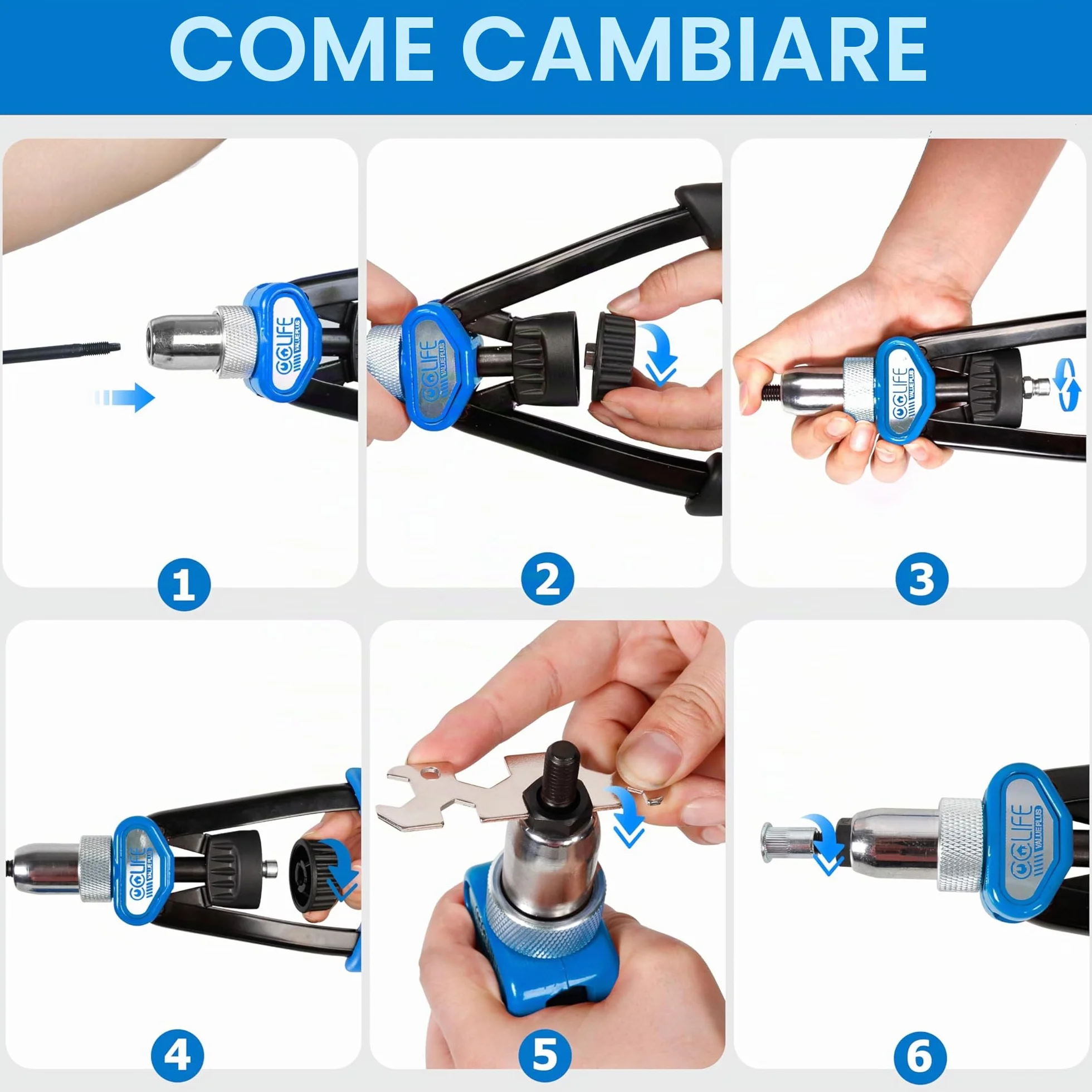 CCLIFE Rivettatrice Manuale per Inserti Filettati Set con Mandrini M5 M6 M8 M10 M12 150 Dadi Acciaio Inossidabile
