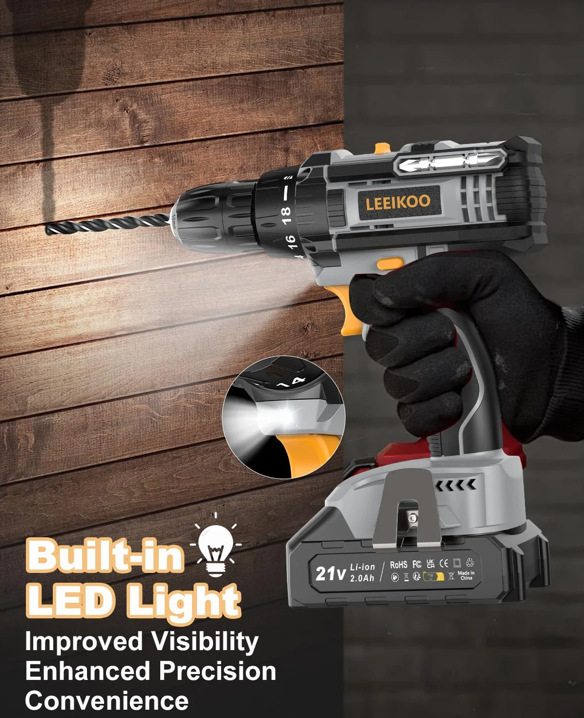 Avvitatore a Batteria, LEEIKOO Trapano Avvitatore Batteria 21V, Avvitatore Elettrico 42N.m con 2 Batterie da 2.0Ah, 2 Velocità, 18+1 Coppie, 14 Accessori, Luce a LED Per Fai da te, Casa e Giardino