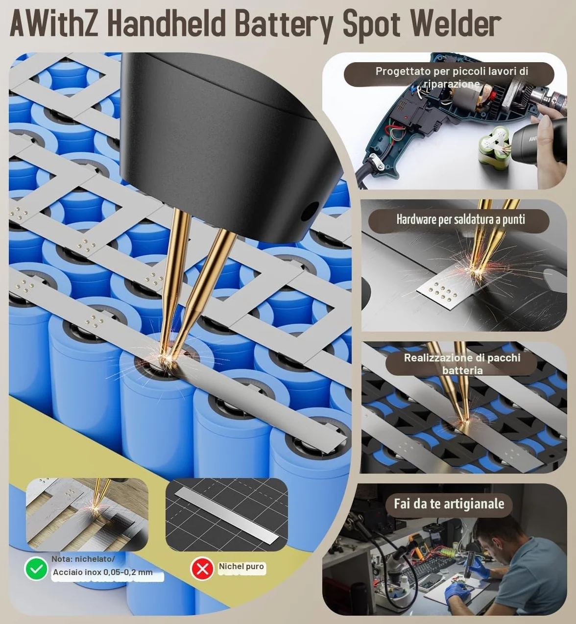 Saldatrice a Punti per Batterie,AWithZ Saldatrice a Punti H1,con aghi di ricambio,11 ingranaggi regolabili, modalità automatica e manuale per batteria 18650, saldatura di fogli di nichel-platino