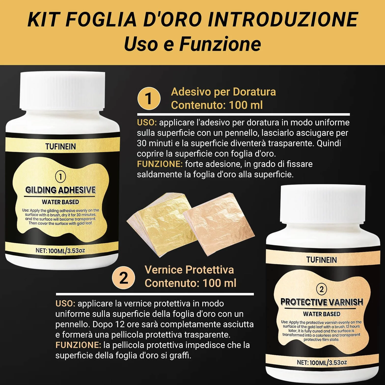 100ml Base d'Acqua Adesivo per Doratura e 100ml Vernice Protettiva, Foglia d'Oro e Champagne Oro Dorazione Kit, Mobili e Decorazione Artigianale, Pittura d'Arte, DIY Pittura Decorativa