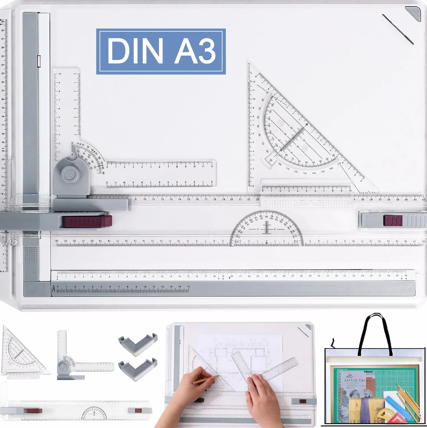 Tavola da Disegno 51 x 37 cm, Tavola da Disegno A3, Disegno Tecnico Multifunzionale con Movimento Parallelo e Angolo Regolabile, Accessori per Architetti, Ingegneri, Artisti, Studenti, Insegnanti