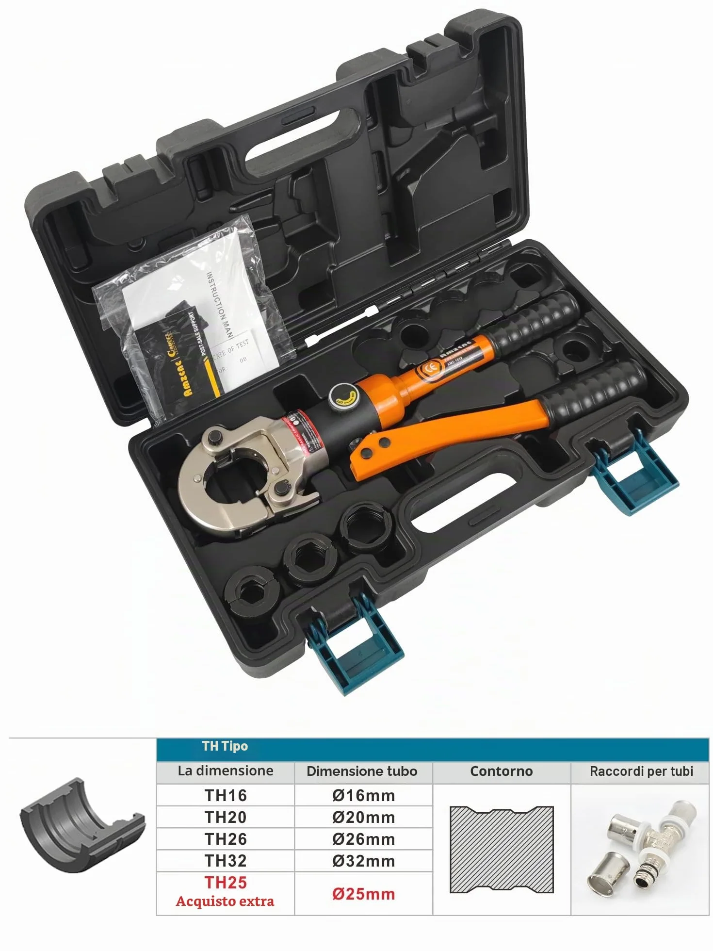 AMZCNC Pinza a pressa professionale con profilo TH, 16-20-26-32, set di utensili a pressione con testa girevole a 360°, per tubi compositi con raccordi del contorno TH, TH26, TH32 con