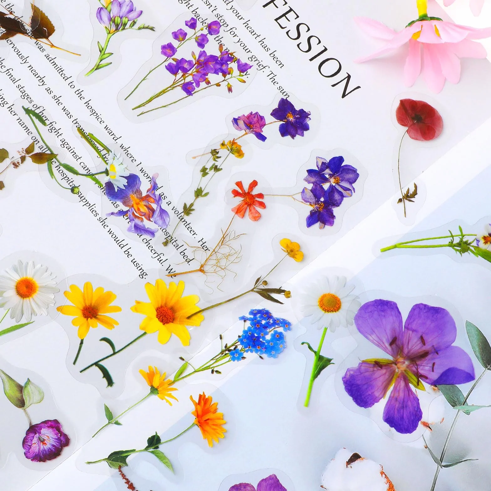 Set di 120 adesivi floreali per scrapbooking, fiori naturali estetici, adesivi floreali trasparenti per scrapbooking, artigianato, biglietti, computer portatili, (60 stili)