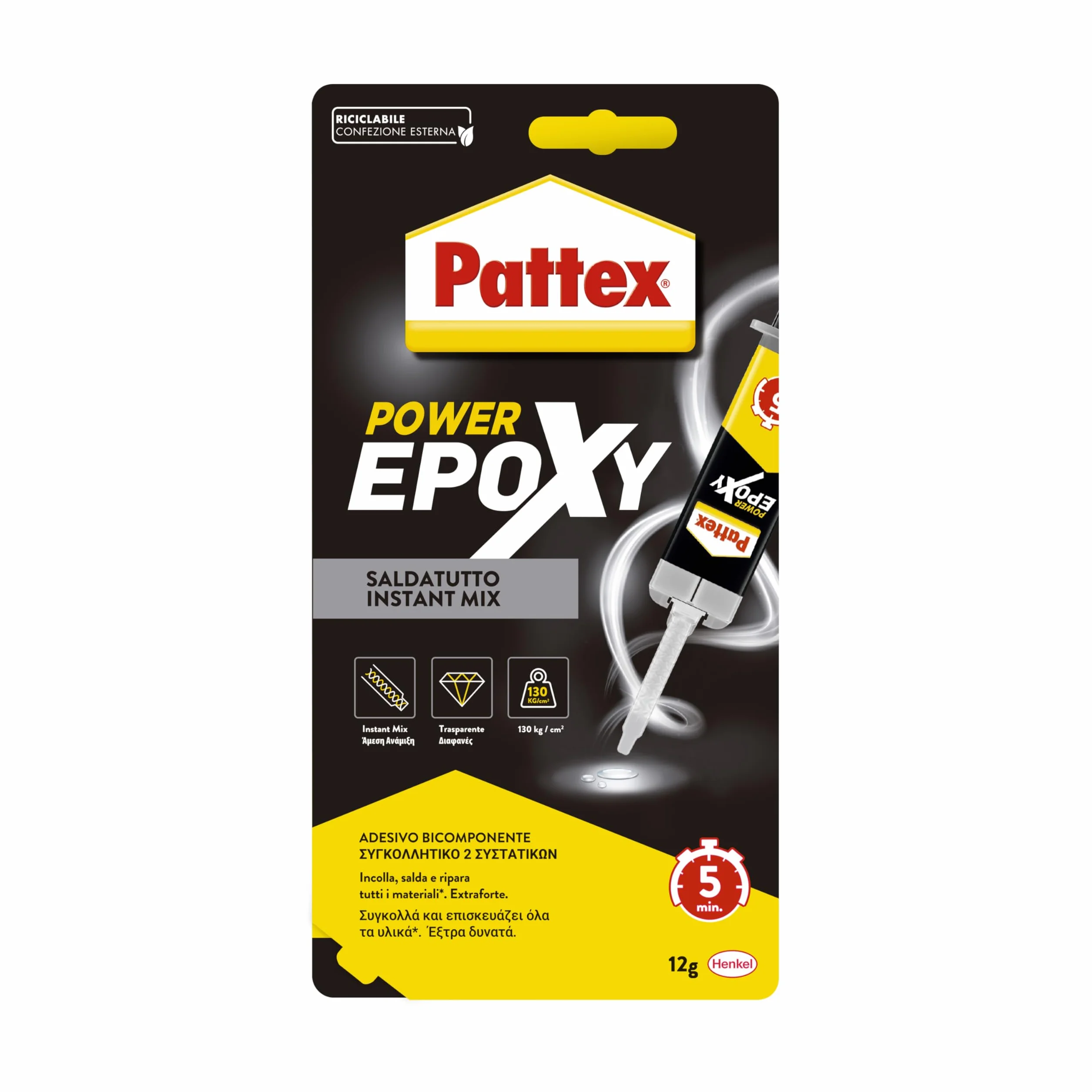 Pattex Power Epoxy Saldatutto Mix 5 minuti, forte colla epossidica bicomponente a elevata tenuta finale, colla multiuso adatta per quasi ogni materiale,, 1x12g
