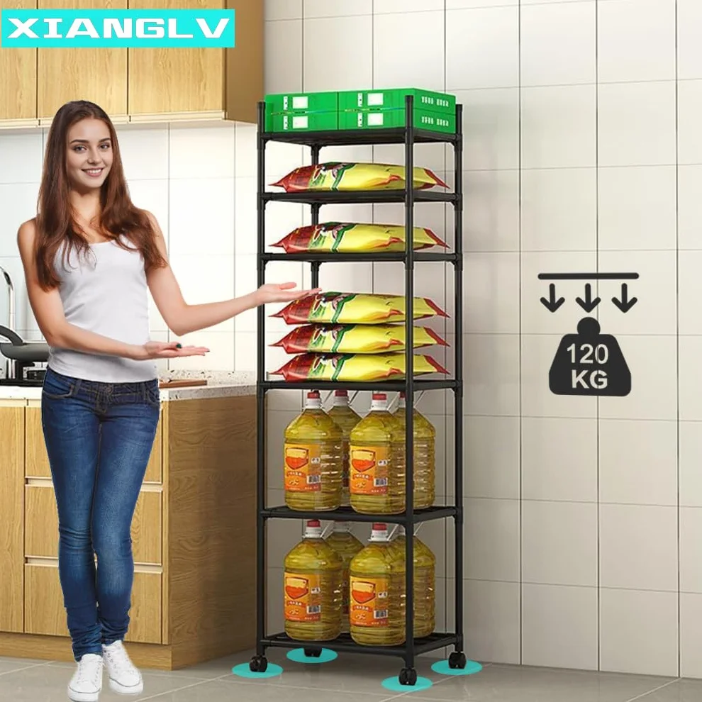 Scaffale a 6 ripiani alto e stretto, 42 x 32 x 165 cm, nero, con ruote e piedini antiscivolo, scaffalatura regolabile e rack portaoggetti per garage, bagno, cucina, angolo