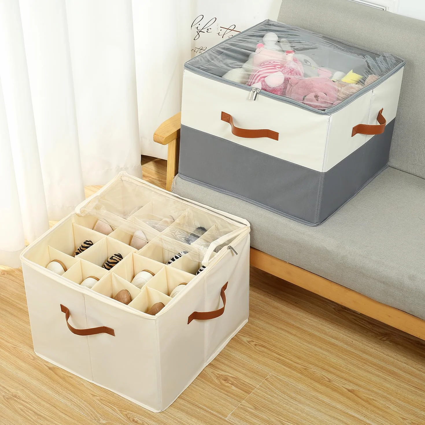 Organizer per Scarpe per 16 Paia, Grande Scatola per Scarpe Contenitore con Scomparti Regolabili, Pieghevole Risparmio Spazio Scatole per Scarpe (Beige)