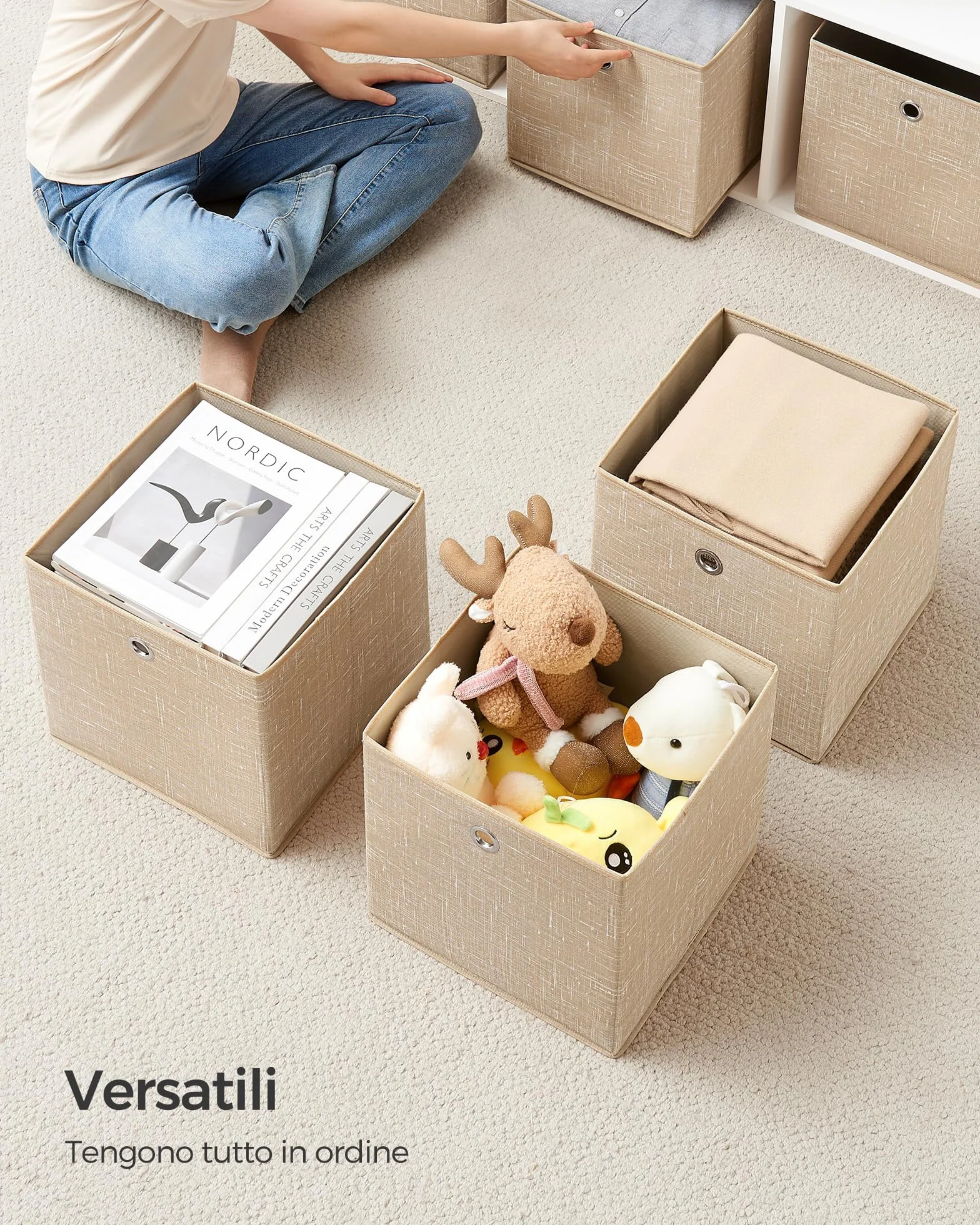 SONGMICS Scatole Portaoggetti Set di 6 Contenitori in Tessuto Non Tessuto 30x30x30 cm Pieghevoli Beige Sabbia