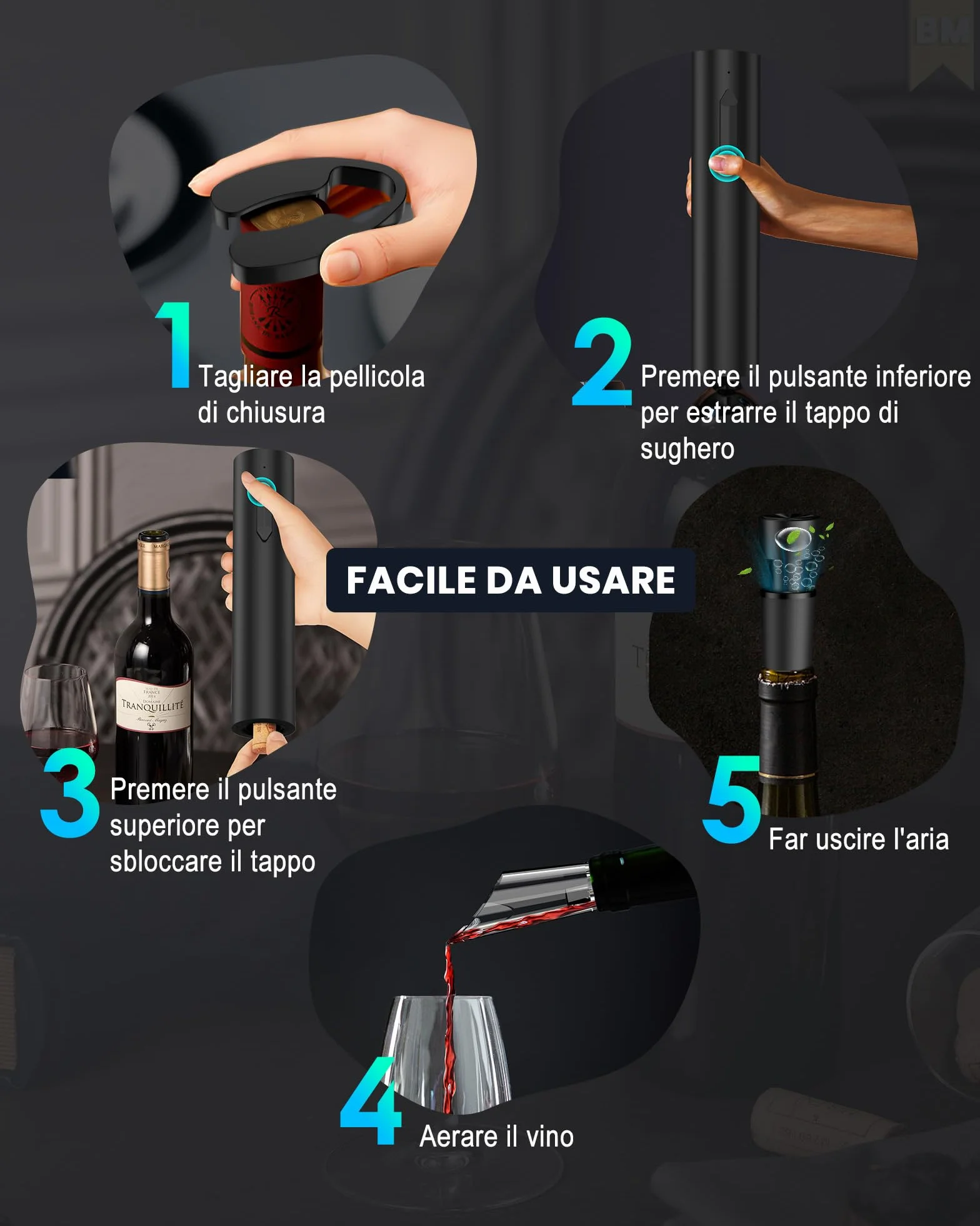 Cavatappi elettrico ricaricabile per vino, apribottiglie elettrico idee regalo uomo donna compleanno con aeratore per vino, 2 tappi sottovuoto, taglierina per fogli di alluminio e cavo USB