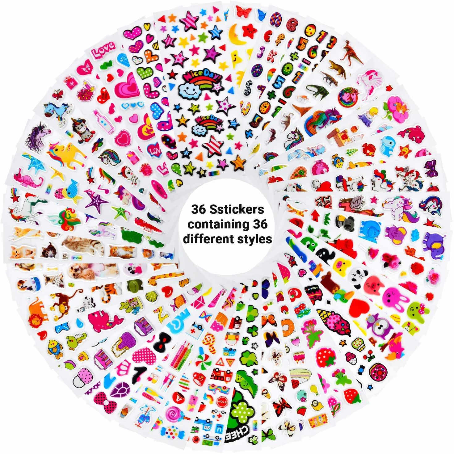 Habett Adesivi per Bambini, 920+ Stickers 3D per Puffy Adesivi per Regali Gratificanti Scrapbooking Inclusi Camion, Unicorno, Animali, Pesci, Dinosauri, Numeri, Frutta e Altro (36 Fogli)