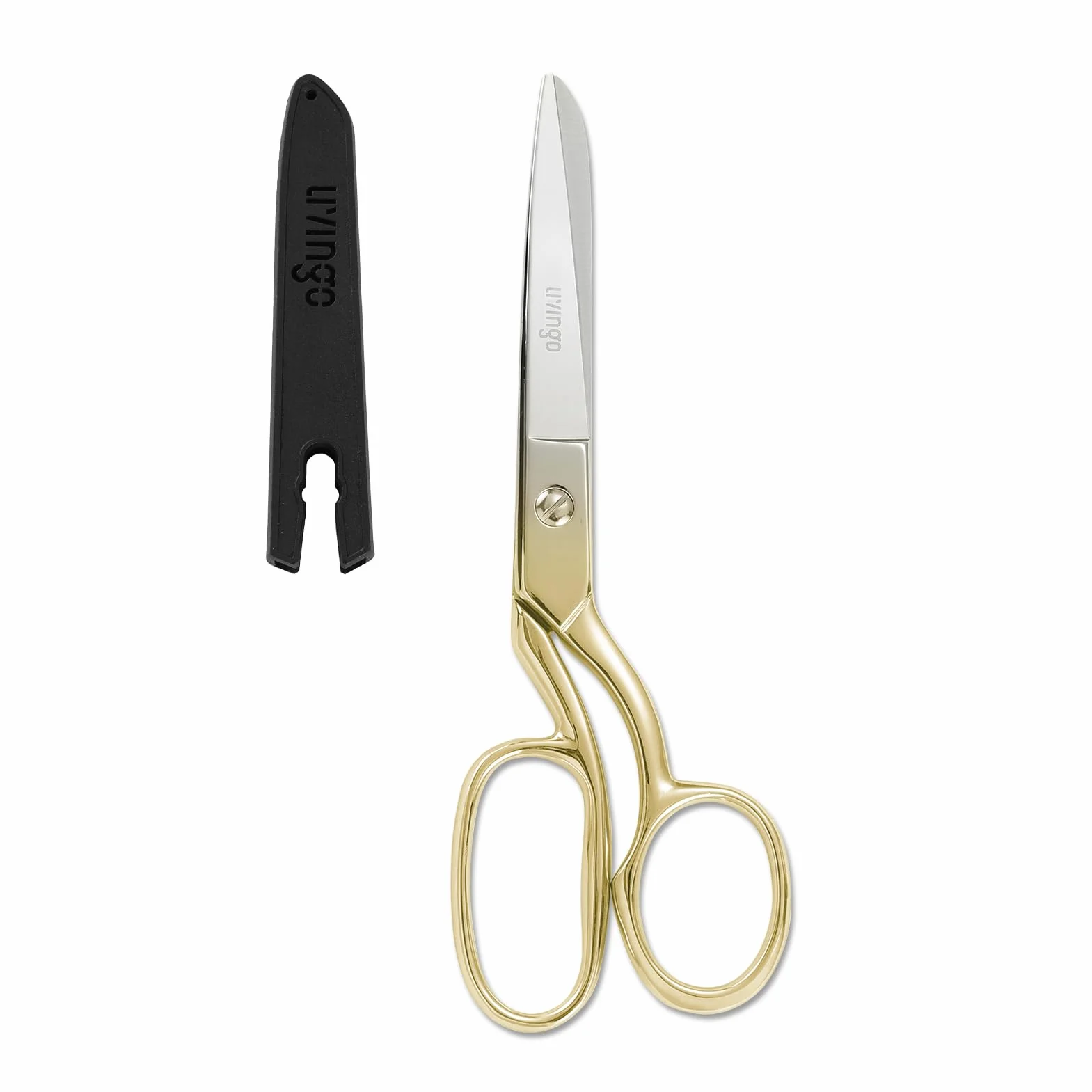 LIVINGO Forbici professionali per tessuti: Forbici multifunzionali in acciaio inossidabile pesante, lama curva per pelle, tessuto e cucito, 20 cm, oro - Per uso domestico