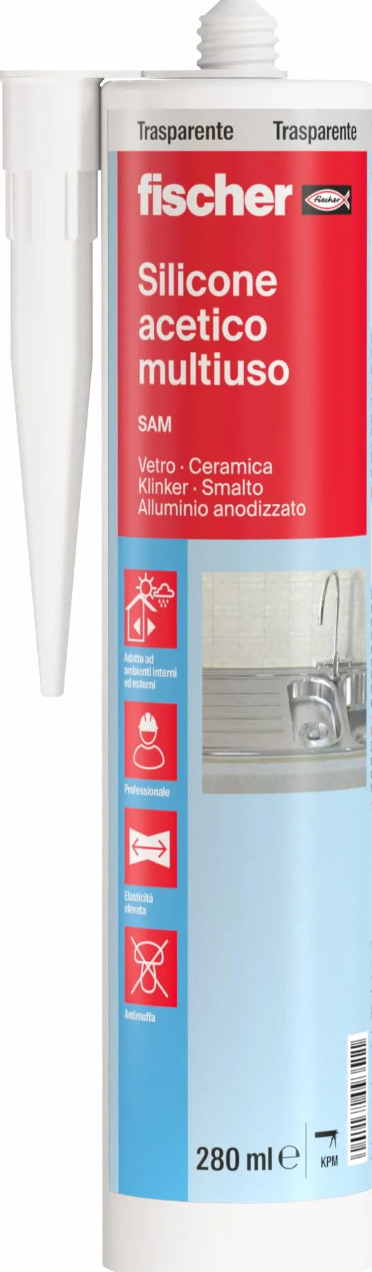 Fischer Silicone Acetico Multiuso SAM 280 Trasparente, Sigillante Antimuffa per Vetro, Alluminio, Smalto, Ceramica, Adatto per Bagno e Cucina, 9351