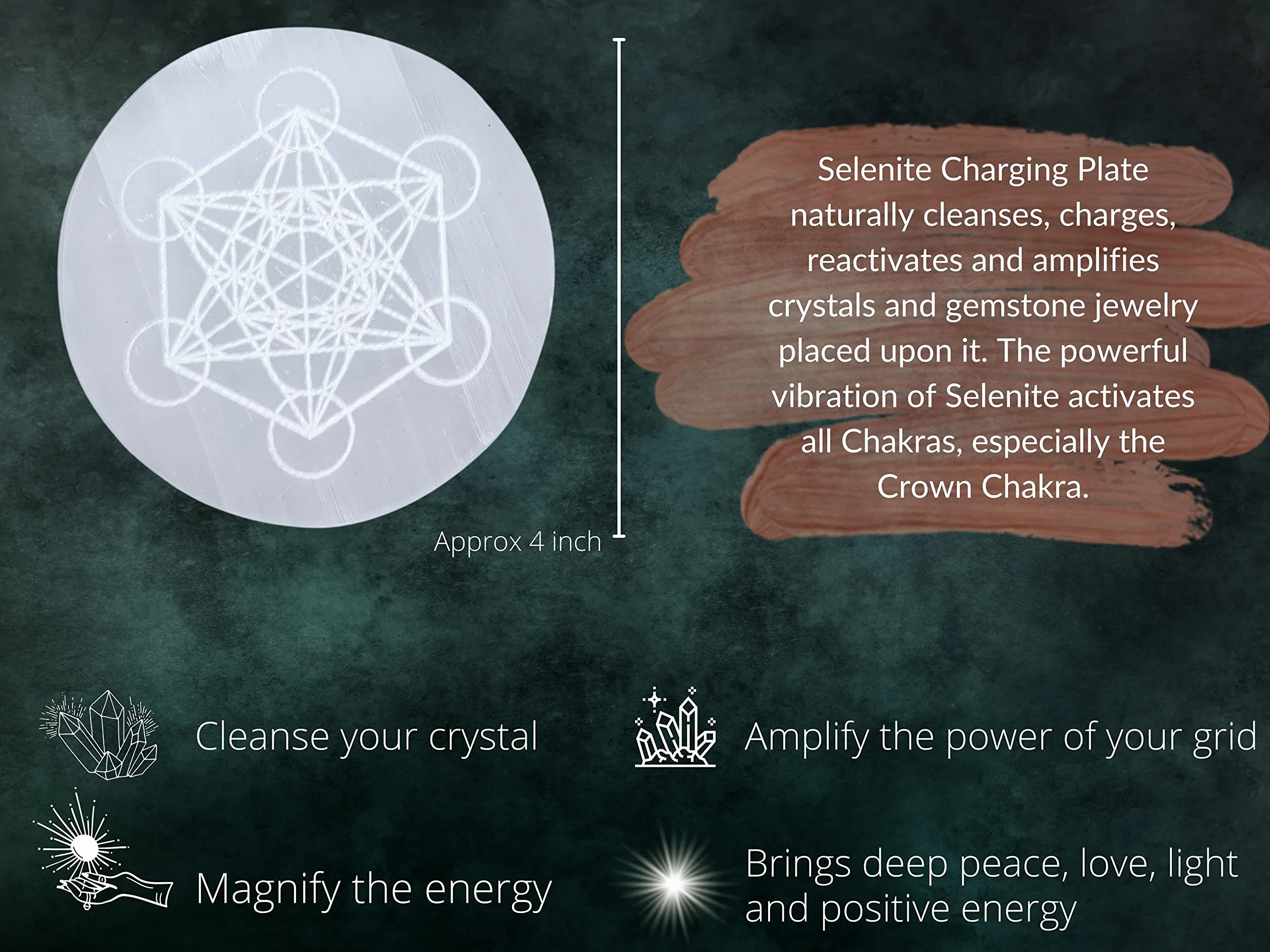 Piastra di ricarica in cristallo di selenite con cubo di Metatron inciso 4,3" per cristalli e pietre curative