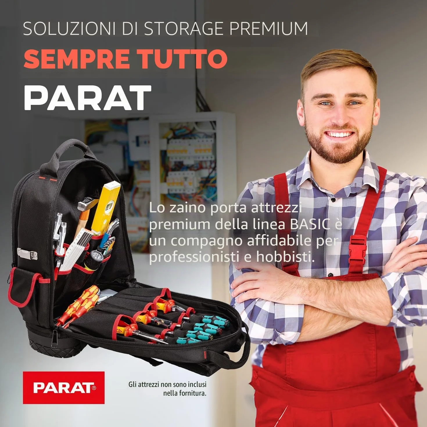PARAT Basic, zaino per attrezzi da 23 l, per elettricisti, zaino in nylon resistente, con 15 scomparti e 6 passanti in gomma, zaino per elettricisti con fondo rinforzato