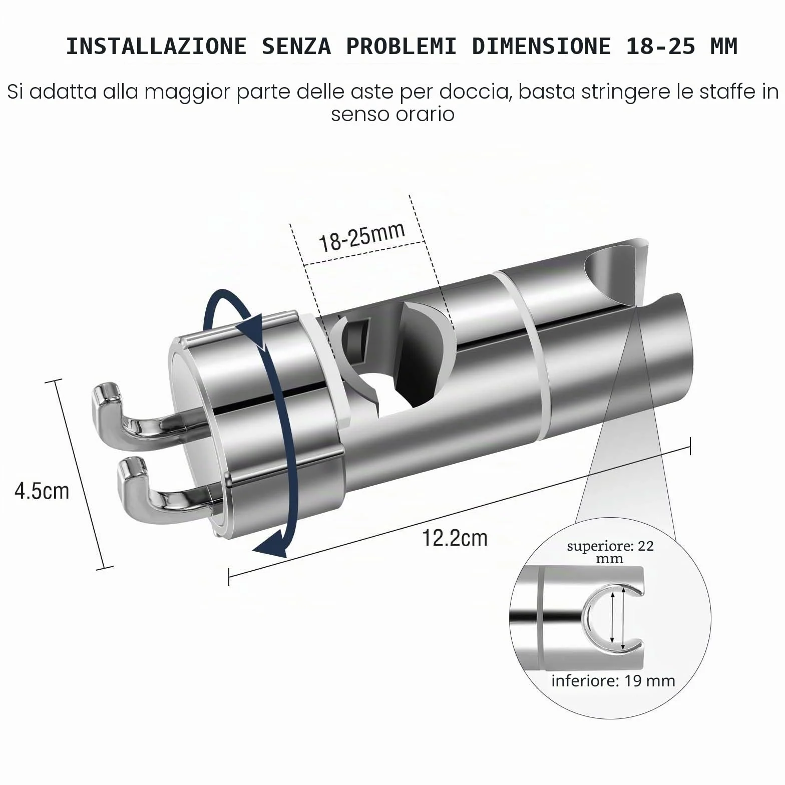 Vinabo Supporto Soffione Doccia, Supporto Doccia Senza Foratura, 18-25 mm, Diametro Regolabile, Supporto Doccetta con Gancio, Installazione Semplice