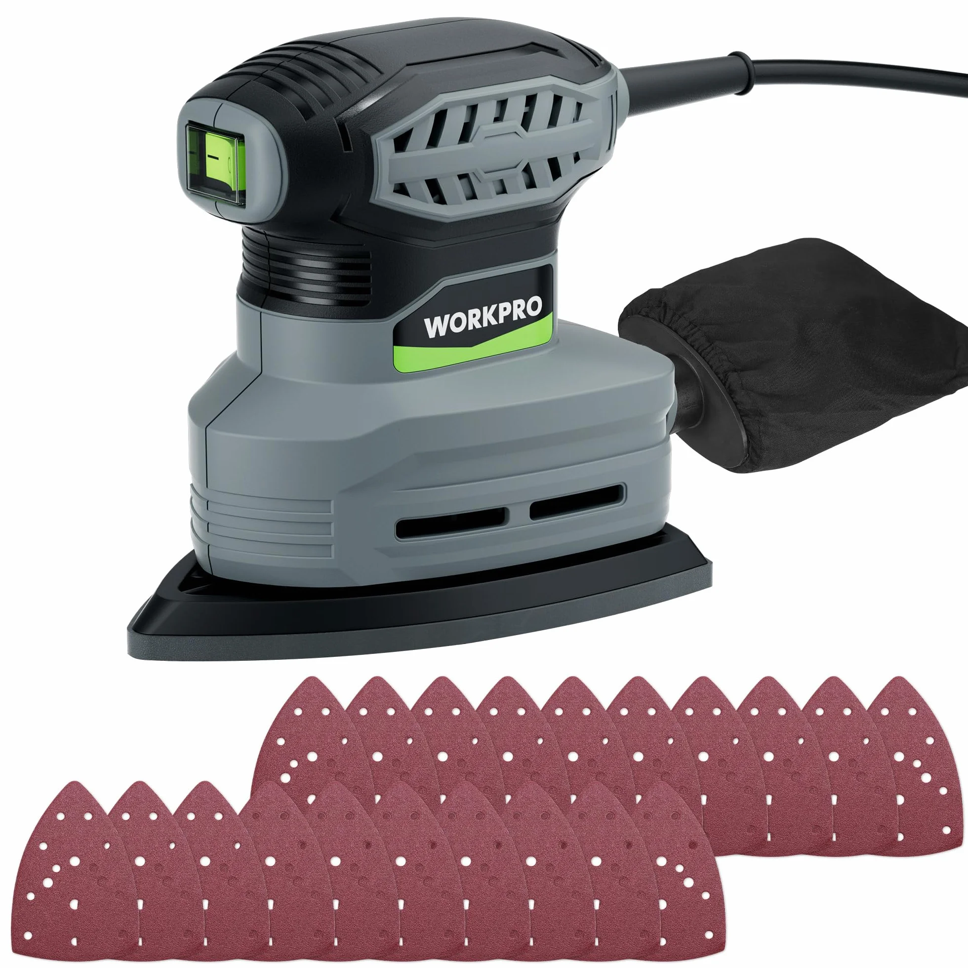 WORKPRO Levigatrice Delta 130W, 13.000 giri/min, con aspirazione polvere e 20 fogli abrasivi. Compatta e potente, ideale per levigare legno, metallo e angoli, perfetta per lavori di precisione