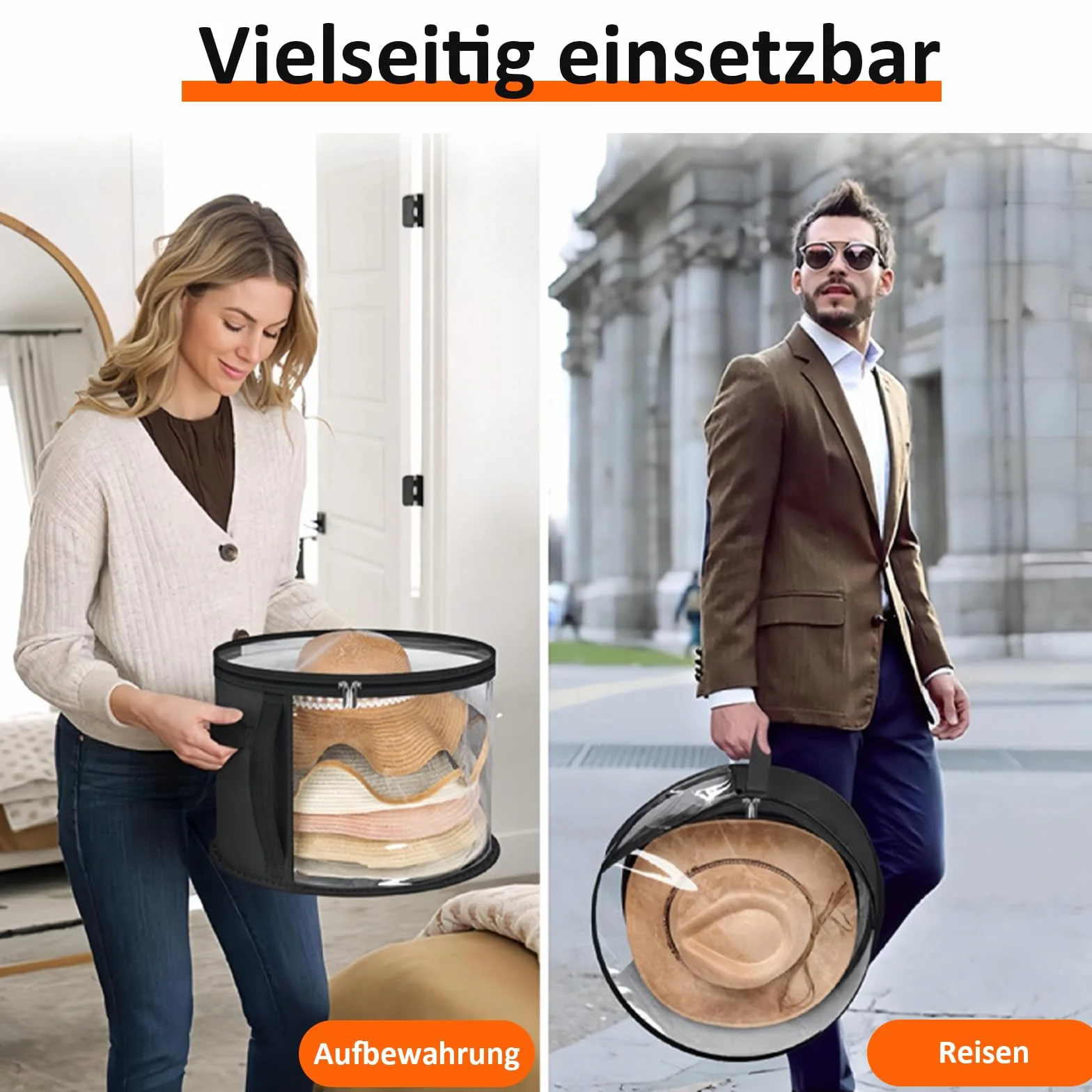 Scatola per cappelli rotonda con coperchio e finestra trasparente, valigia per cappelli con manico stabile