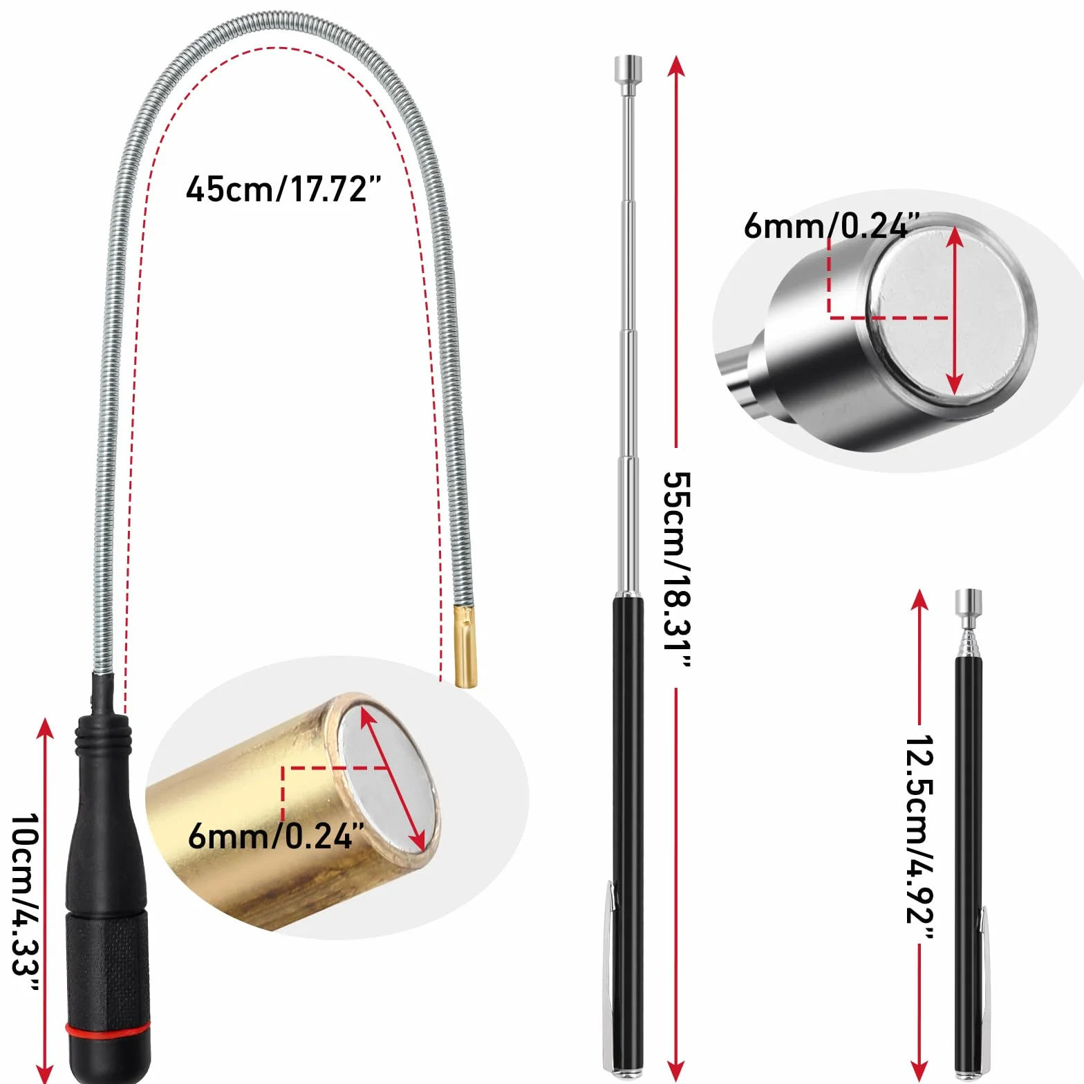 1 Calamita Telescopica (55cm) + 1 Asta Magnetica Flessibile e Curva (55cm), Calamita Flessibile Officina, Può Raccogliere Negli Interstizi viti, Chiavi e Altre Piccole Parti
