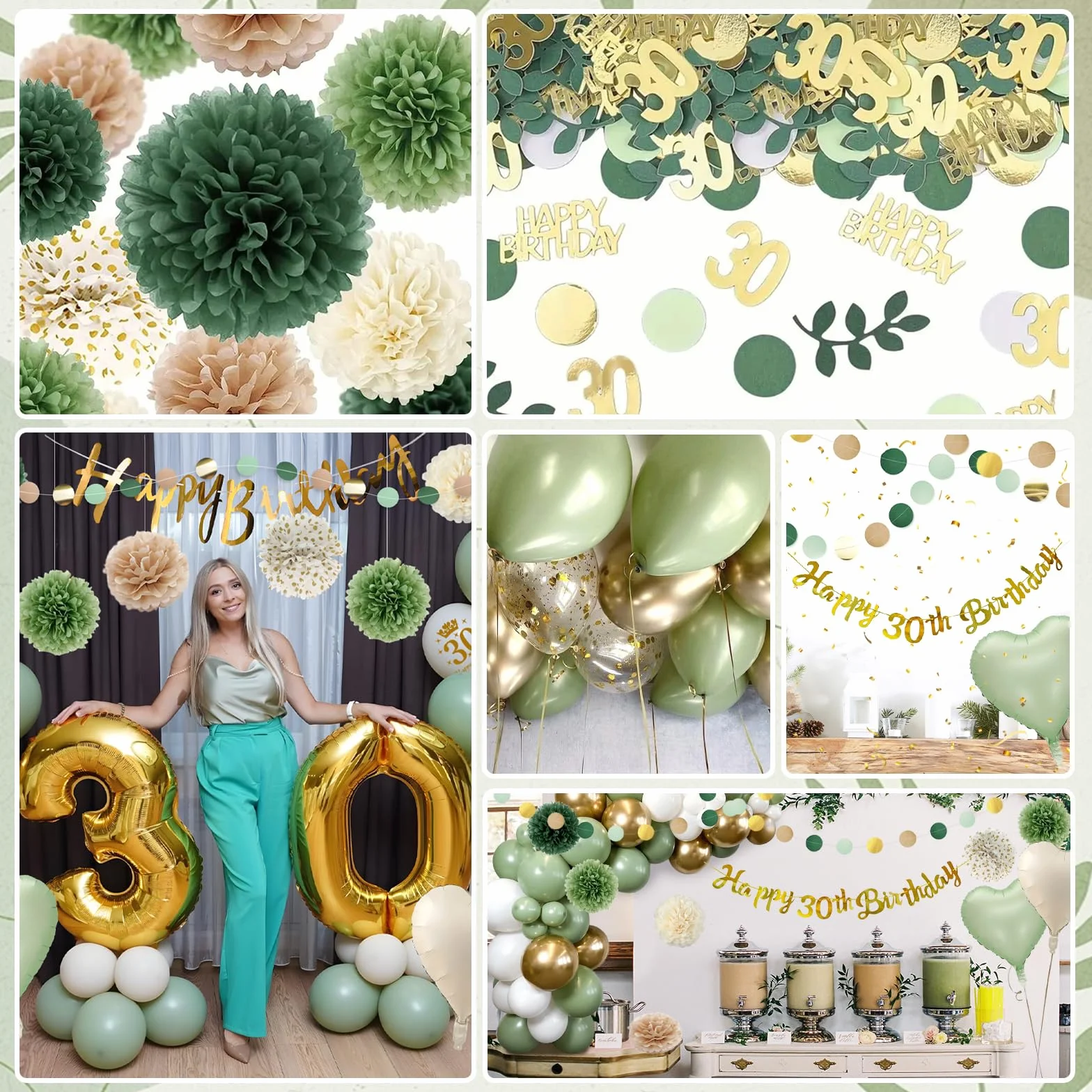 Palloncini 30 Anni Compleanno Verde Oro,Decorazioni 30 anni Compleanno Donna Uomo,Festone Happy 30th Birthday,Pompons, Palloncino Cuore Riutilizzabile,30 Anni Decorazioni Festa Compleanno
