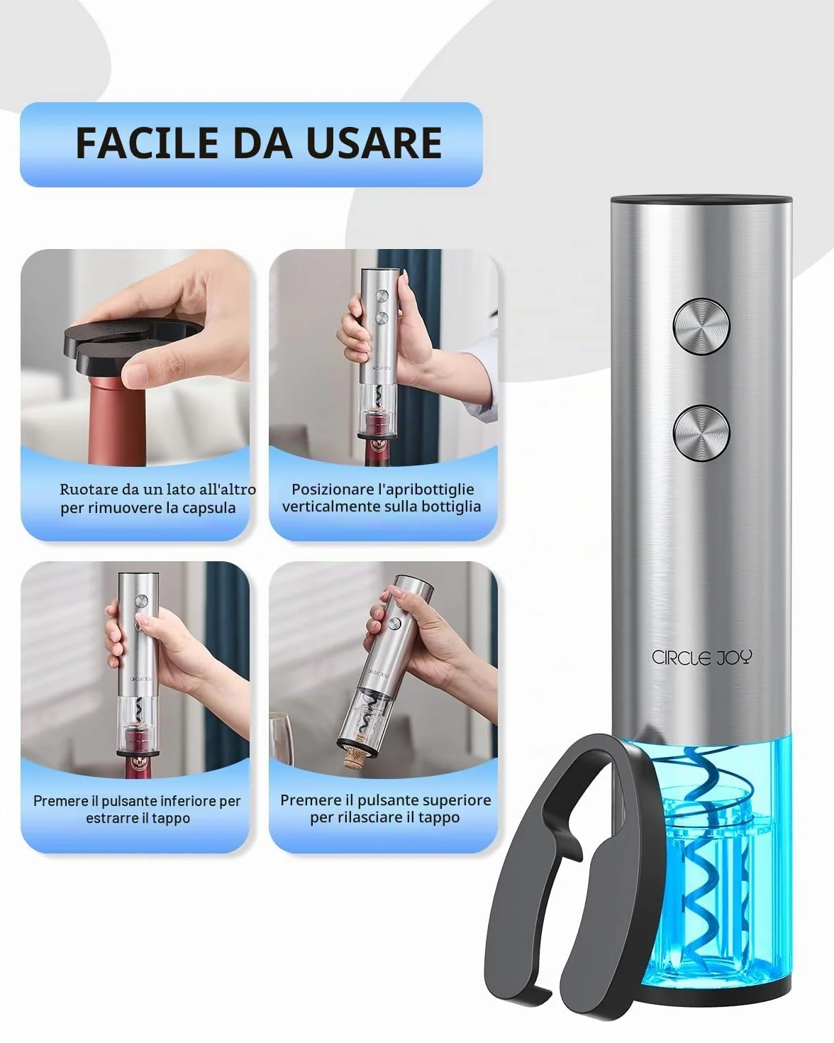 CIRCLE JOY Cavatappi elettrico con taglierina per capsula, apribottiglie in acciaio inox ricaricabile USB per casa e feste