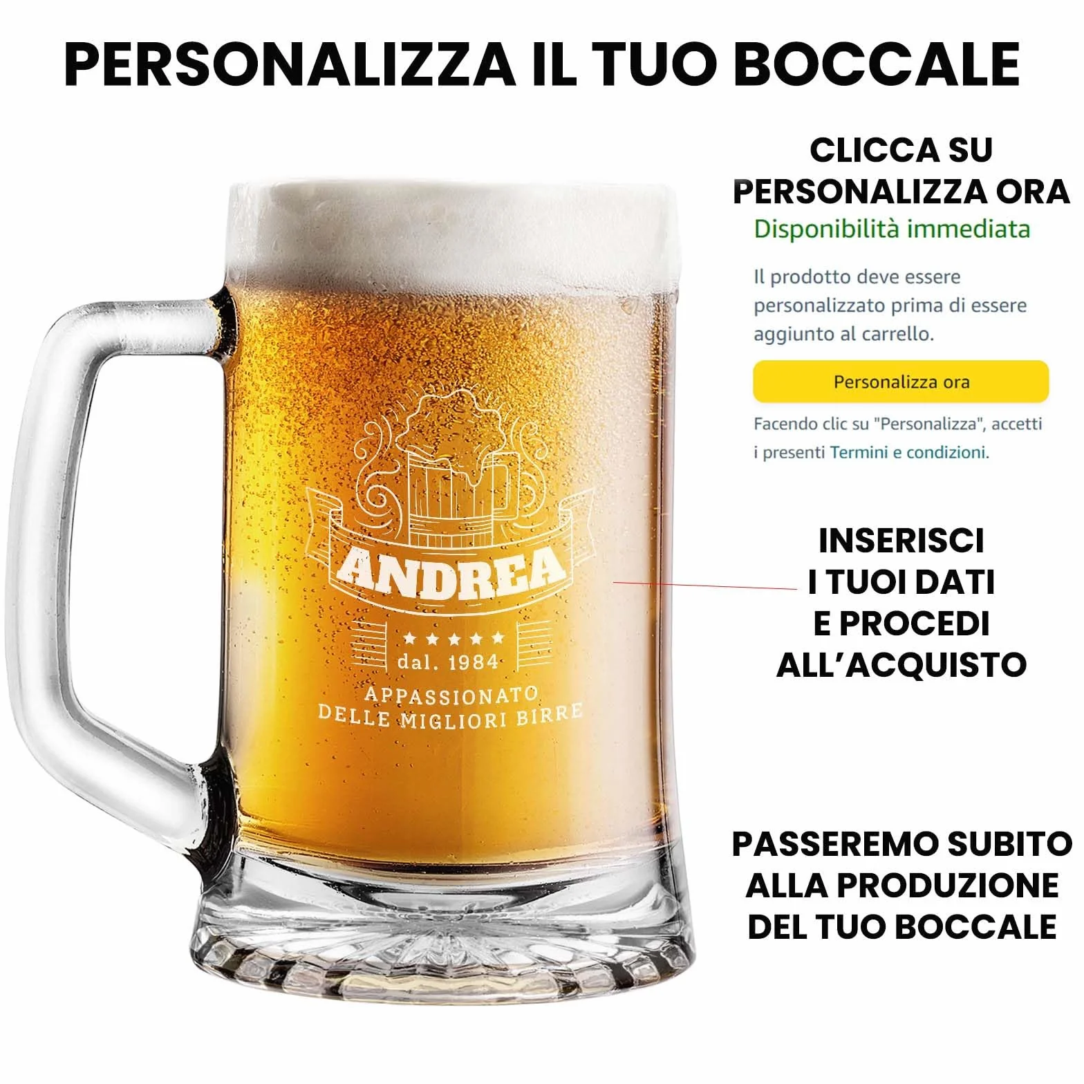 Boccale per Birra Personalizzato 520 ml H15,3 cm Ø9,3 cm Regalo Compleanno 40 50 anni