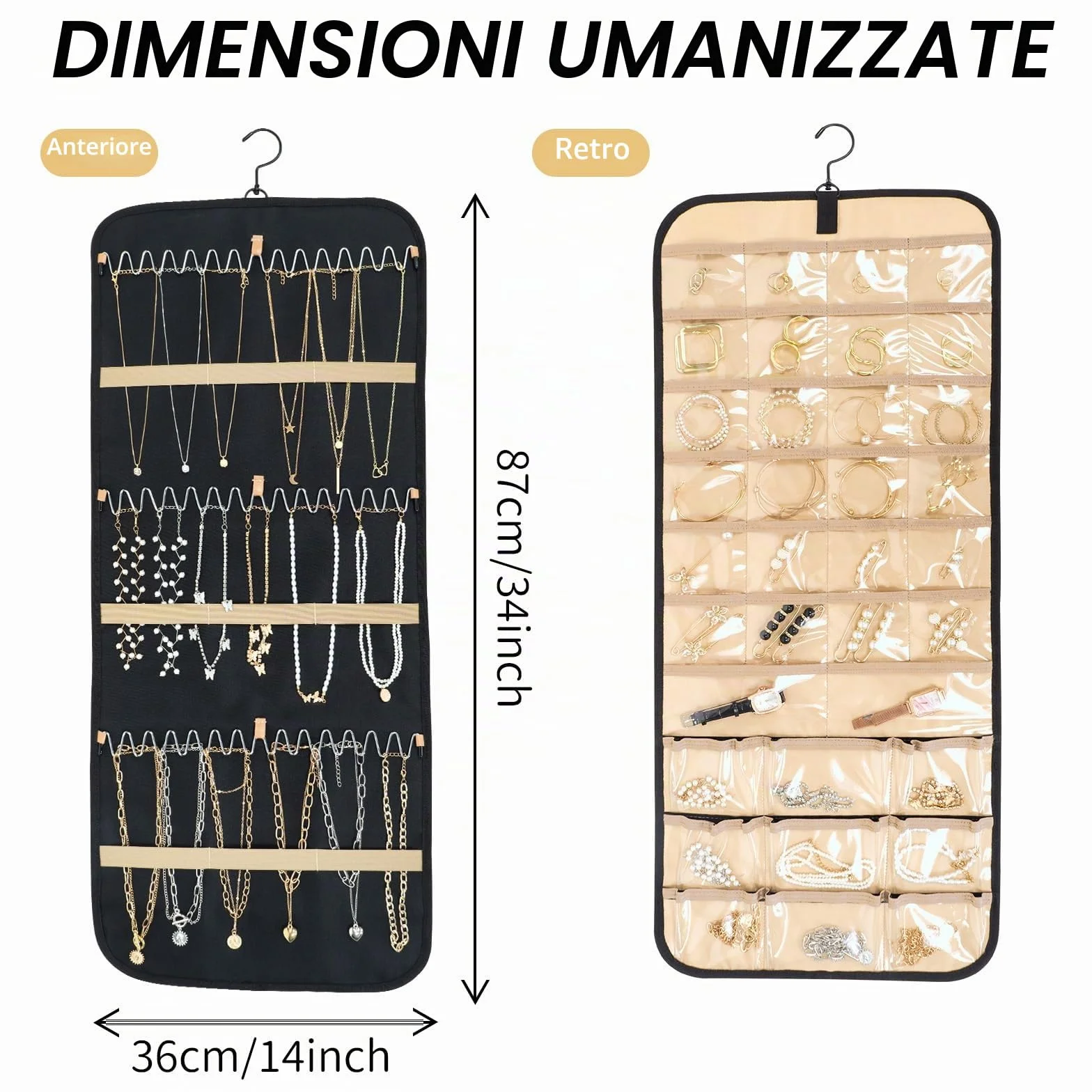 Oudizz Hanging Jewelry Organizer per Armadio - Collana Earring Holder con Coperchio Antipolvere e Gancio Rotante in Metallo - Jewelry Storage Display Stand, Grande, Nero