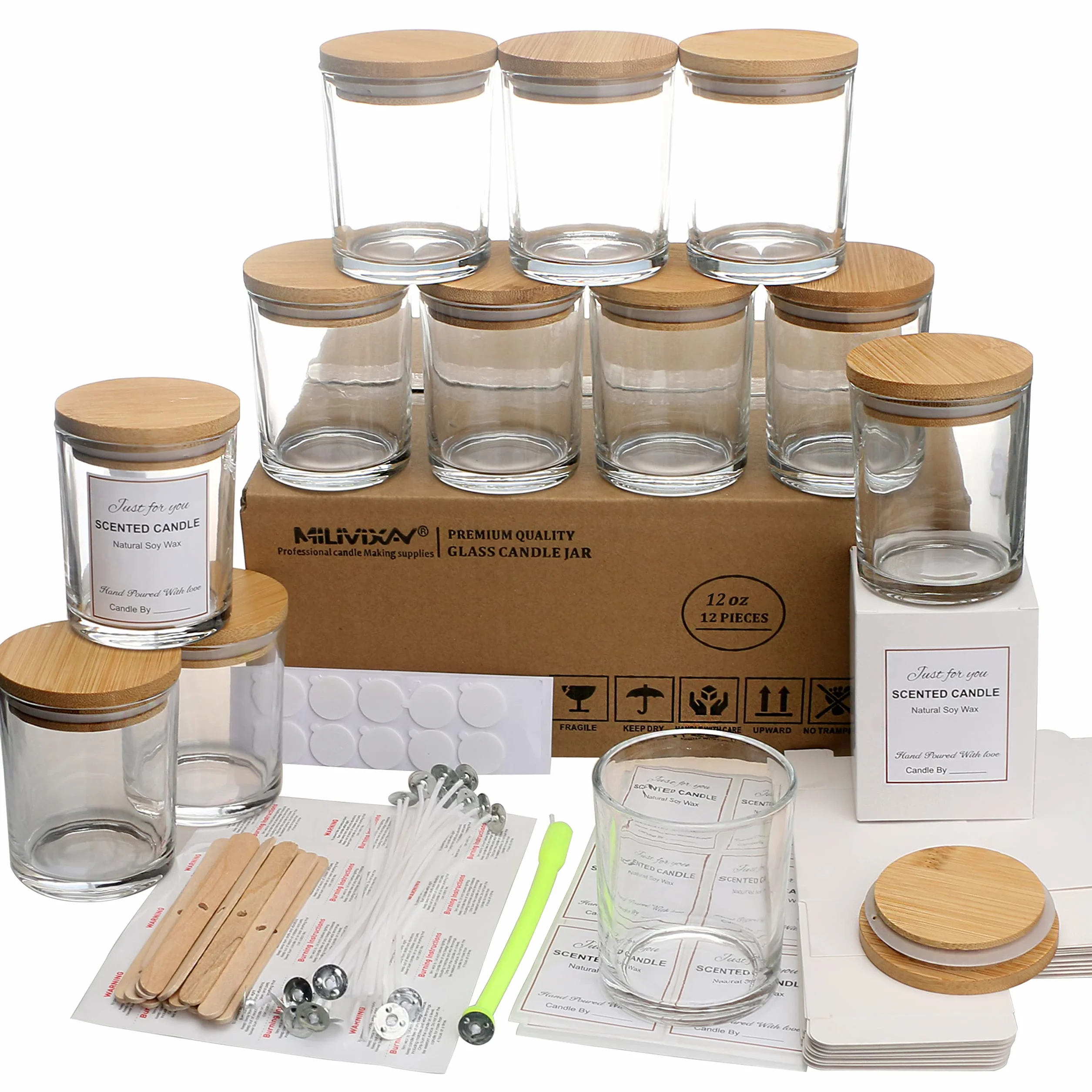 MILIVIXAY - Confezione da 12 barattoli per candele, in vetro trasparente, 355 ml, con coperchio e kit per la creazione di candele, vuoti, contenitori per spezie e polveri
