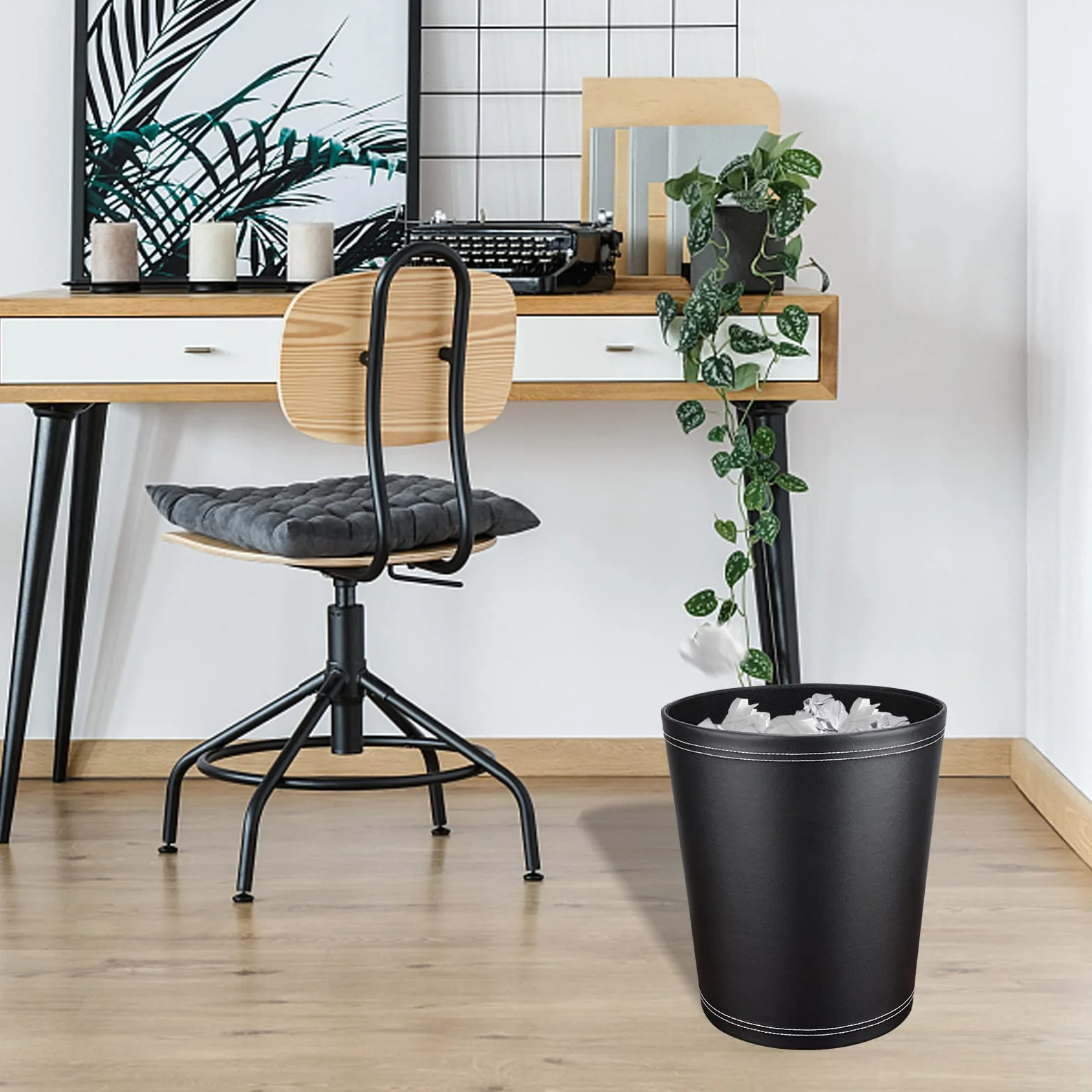 GORESE Cestino per la carta Ufficio, Cestino per la carta in pelle di colore Nero, design moderno, pattumiera per cucina, bagno, ufficio (Nero)