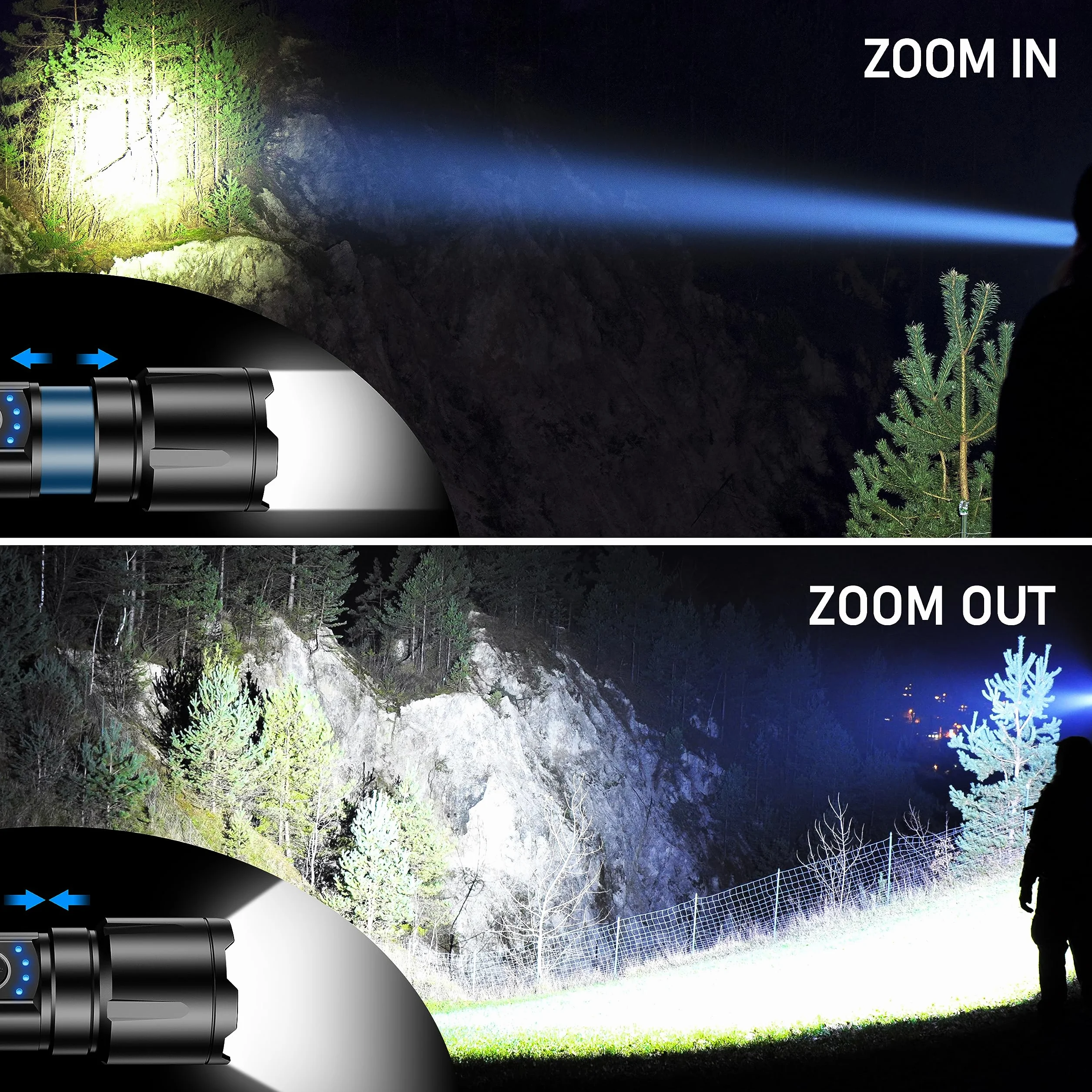 Blukar Torcia LED Potente Professionale, Ultra Alto Lumen Super Luminoso Zoomabile Torcia Alta Potenza, Ricaricabile, 5 Modalità, IP67 Impermeabile Flashlight per Campeggio/Pesca/Emergenza/Trekking